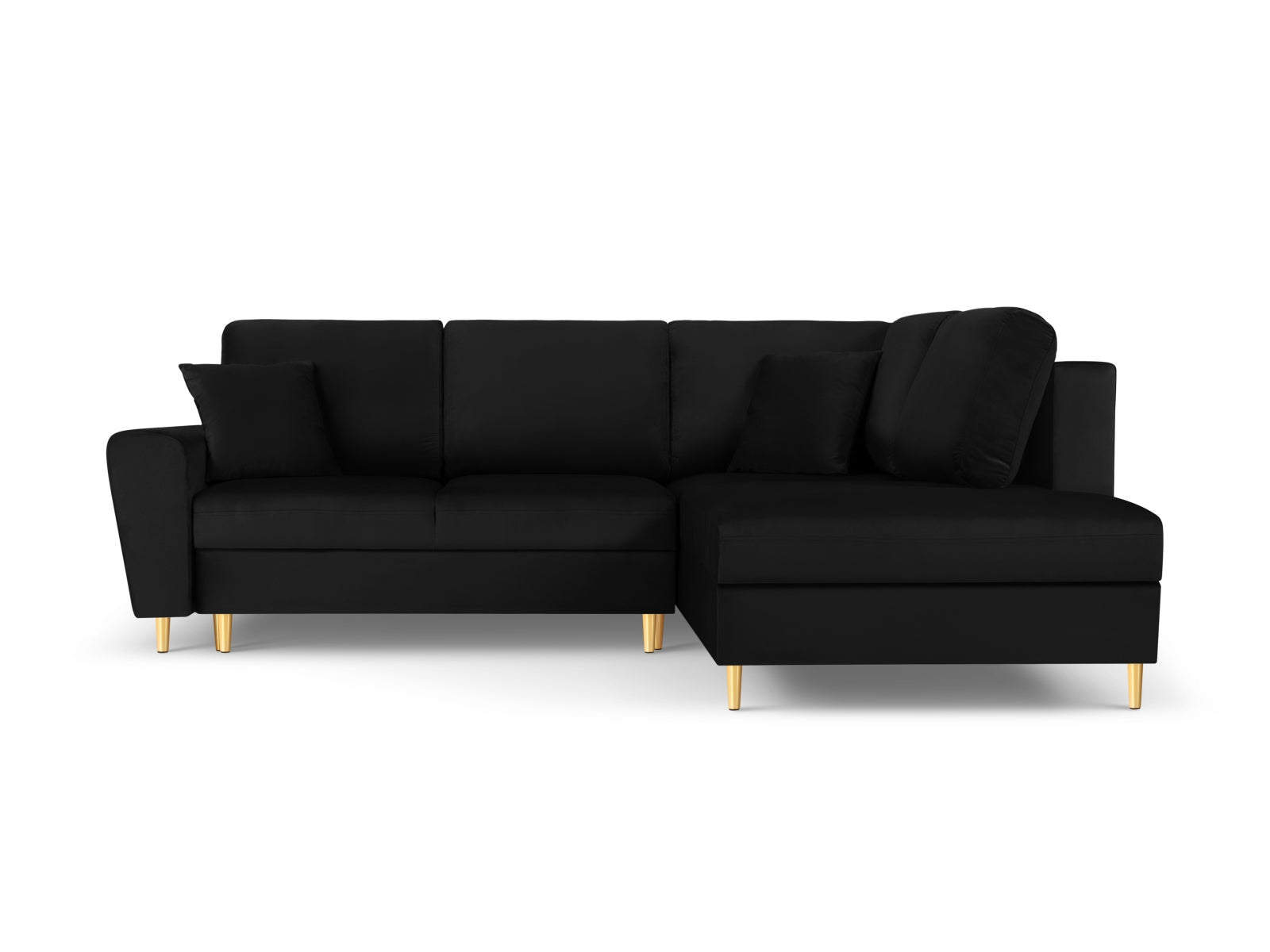 Elegantes Kyoto Velour Ecksofa in Schwarz mit Goldakzenten, 5-Sitzer mit Schlaffunktion und Stauraum, ideal für stilvolle Wohnräume.
