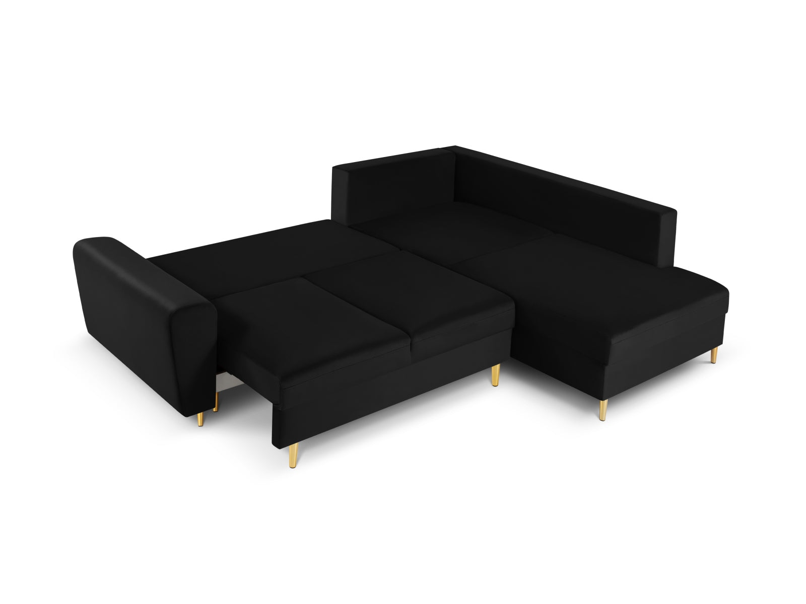 Stylisches Kyoto Velour Ecksofa in Schwarz, 5-Sitzer mit praktischer Schlaffunktion und Stauraum, perfekt für moderne Wohnkonzepte.