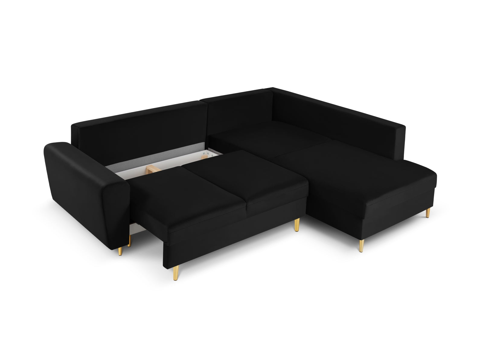 Elegantes Kyoto Velour Ecksofa in Schwarz, 5-Sitzer mit Schlaffunktion und Stauraum, ideal für stilvolle und funktionale Wohnräume.