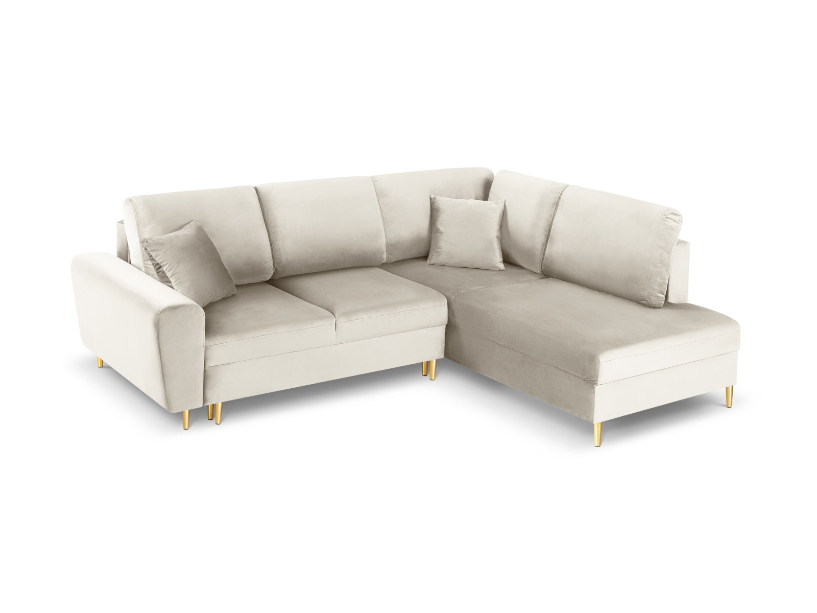 Kyoto Velour Ecksofa rechts mit Schlaffunktion und Stauraumbox 5 Sitzer 194cm in Light Beige/Gold-Riviera präsentiert im Onlineshop von KAQTU Design AG. Bettsofa rechts ist von Cosmopolitan Design