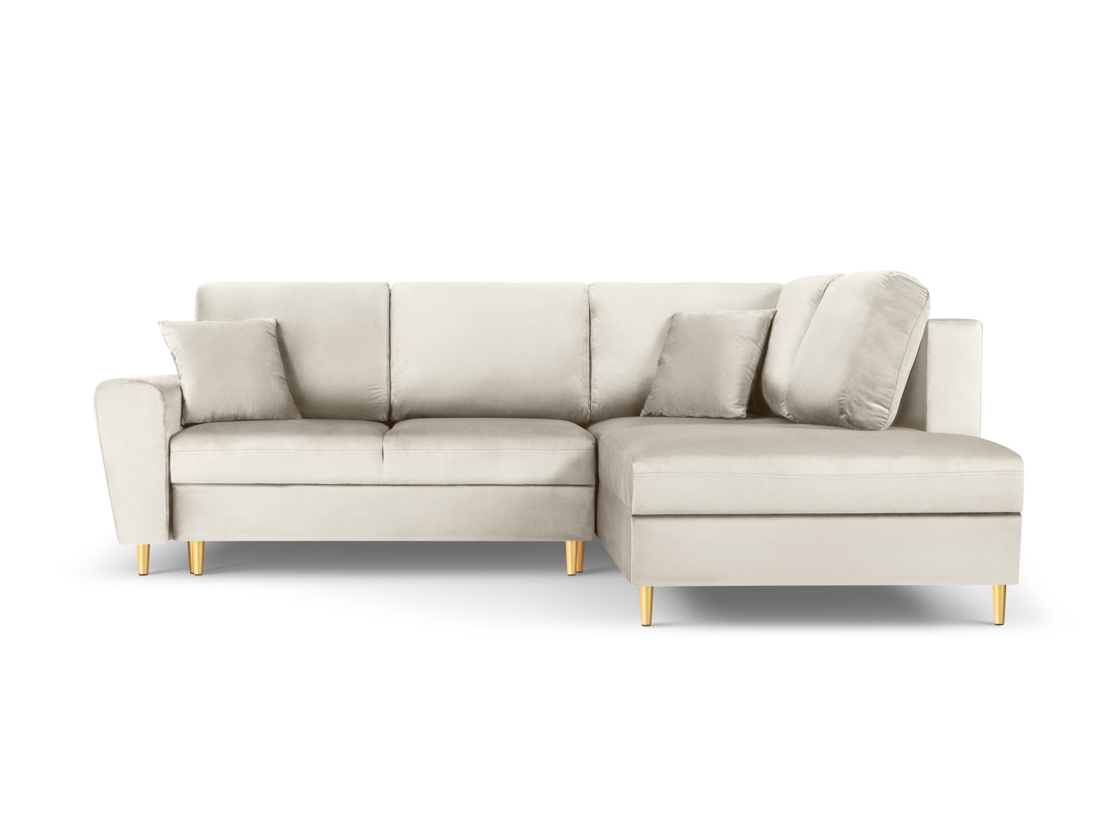Elegantes Kyoto Velour Ecksofa in Light Beige/Gold-Riviera, 5-Sitzer mit Schlaffunktion und Stauraum, ideal für stilvolle Wohnräume.