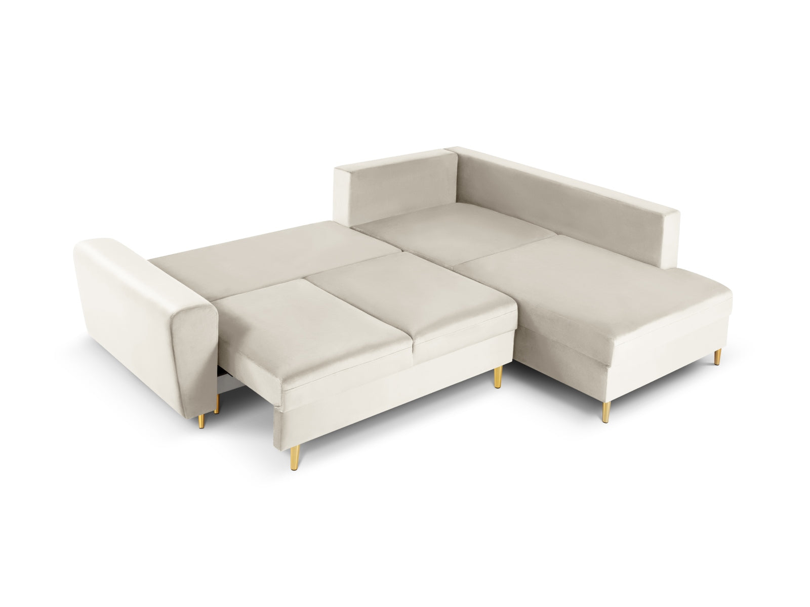 Stylisches Kyoto Velour Ecksofa in sanften Beige- und Goldtönen, 5-Sitzer mit praktischer Schlaffunktion und integriertem Stauraum.