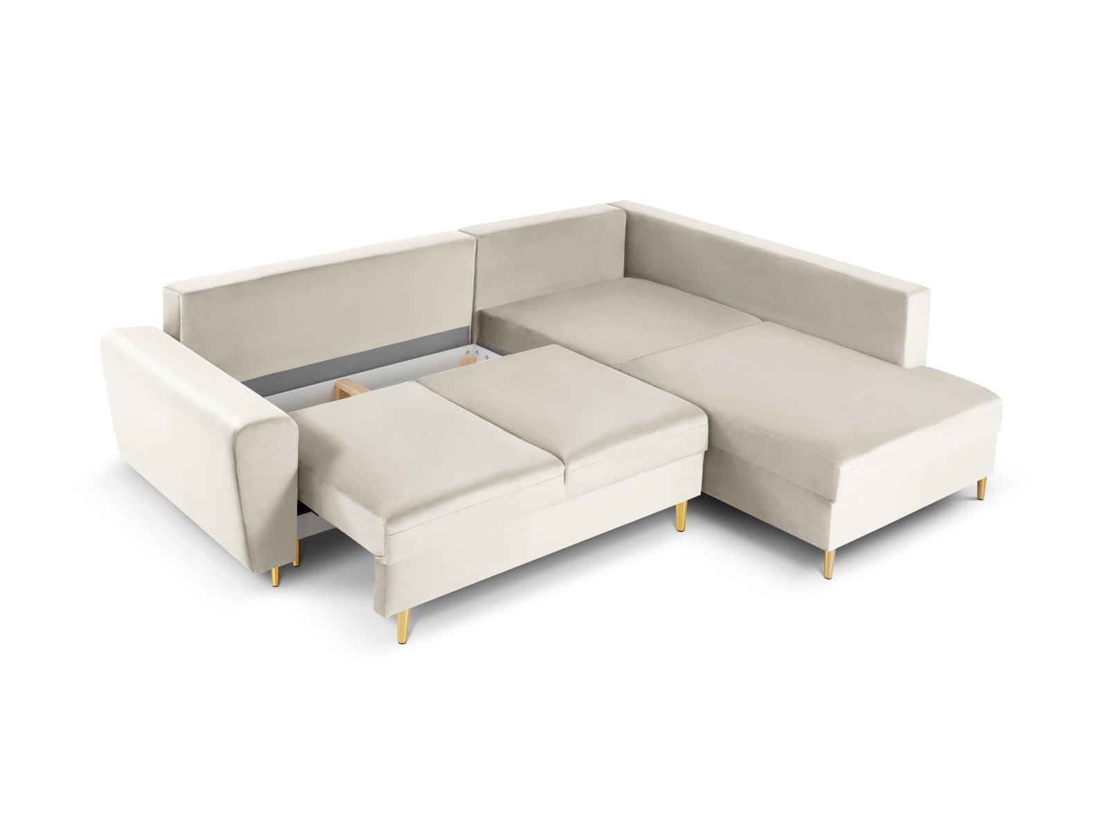 Elegantes Kyoto Velour Ecksofa in warmen Beige- und Goldnuancen, 5-Sitzer mit komfortabler Schlaffunktion und nützlichem Stauraum.