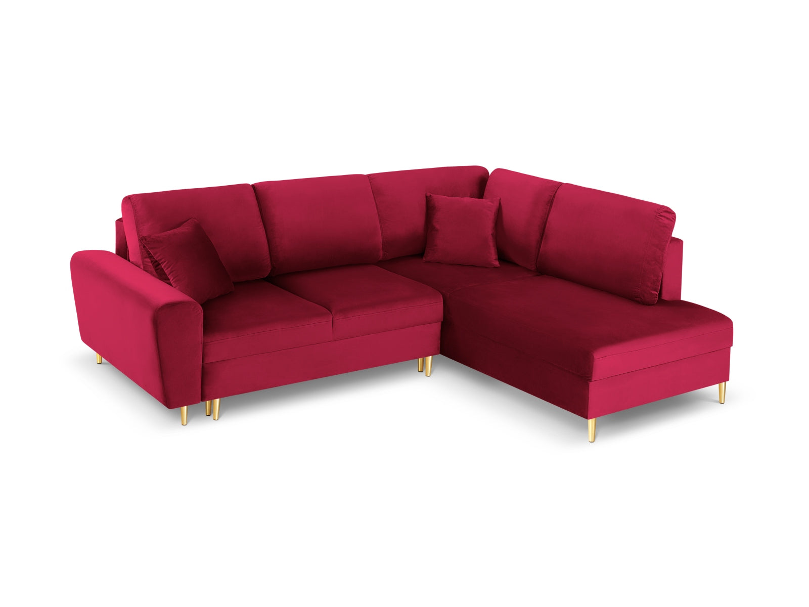 Kyoto Velour Ecksofa rechts mit Schlaffunktion und Stauraumbox 5 Sitzer 194cm in Red/Gold-Riviera präsentiert im Onlineshop von KAQTU Design AG. Bettsofa rechts ist von Cosmopolitan Design