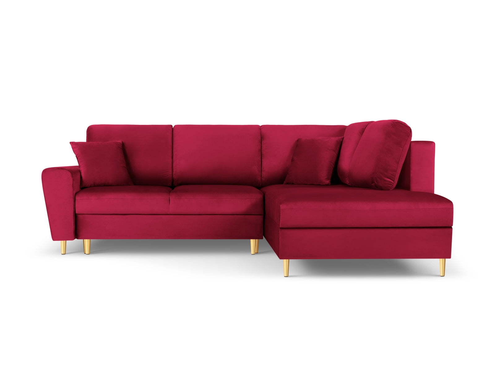 Elegantes Kyoto Velour Ecksofa in Rot und Gold, 5-Sitzer mit Schlaffunktion und Stauraum, ideal für stilvolle Wohnräume.