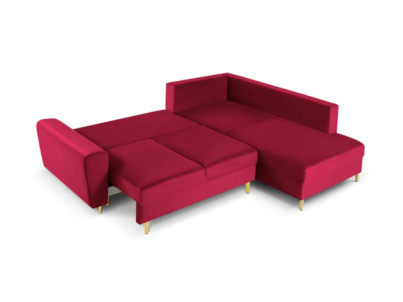 Modernes Kyoto Velour Ecksofa in Rot und Gold, 5-Sitzer mit praktischer Schlaffunktion und Stauraum, perfekt für gemütliche Abende.
