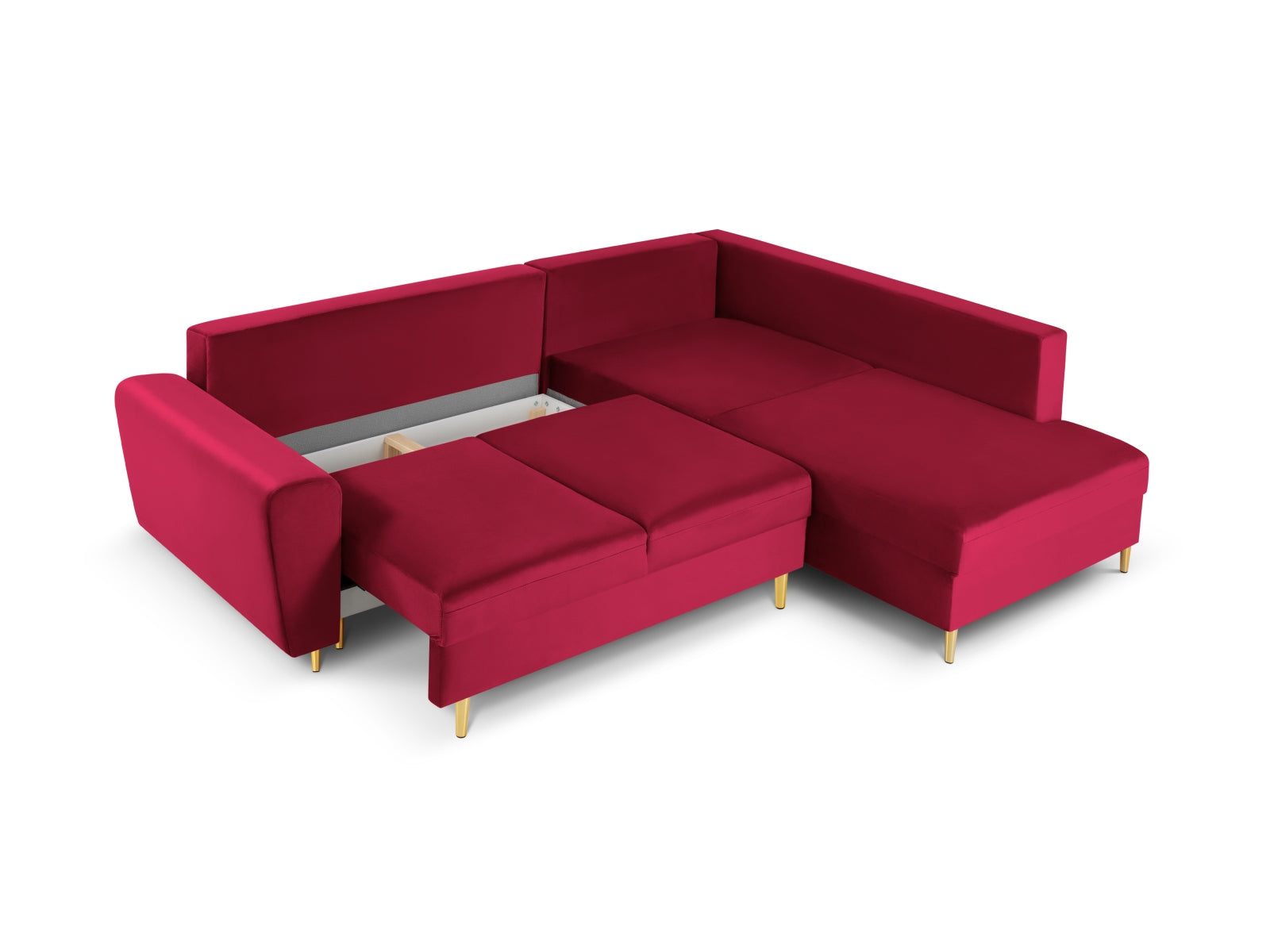 Elegantes Kyoto Velour Ecksofa in Rot und Gold, 5-Sitzer mit Schlaffunktion und Stauraum, ideal für stilvolle Wohnräume.