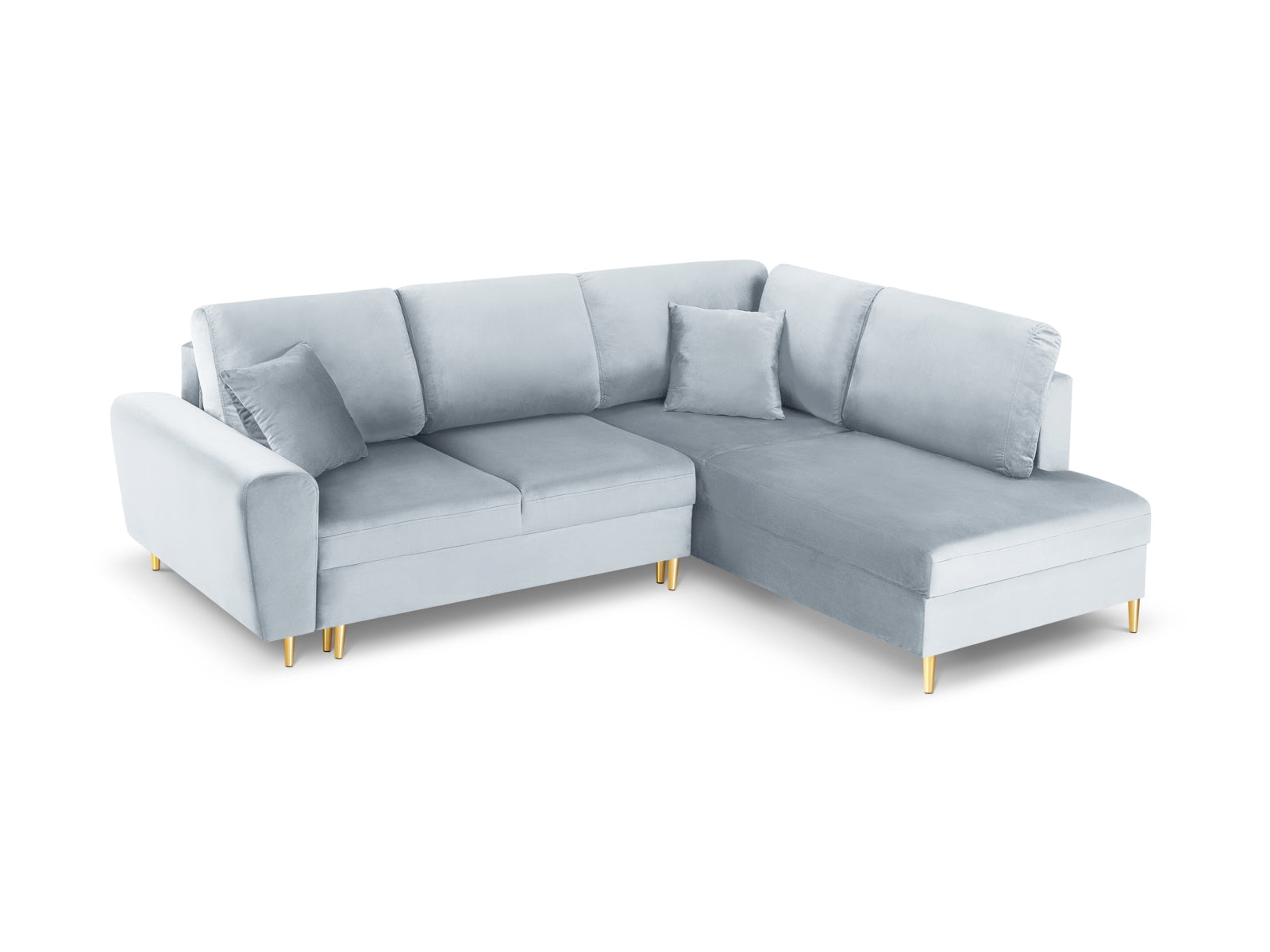 Kyoto Velour Ecksofa rechts mit Schlaffunktion und Stauraumbox 5 Sitzer 194cm in Light Blue/Gold-Riviera präsentiert im Onlineshop von KAQTU Design AG. Bettsofa rechts ist von Cosmopolitan Design