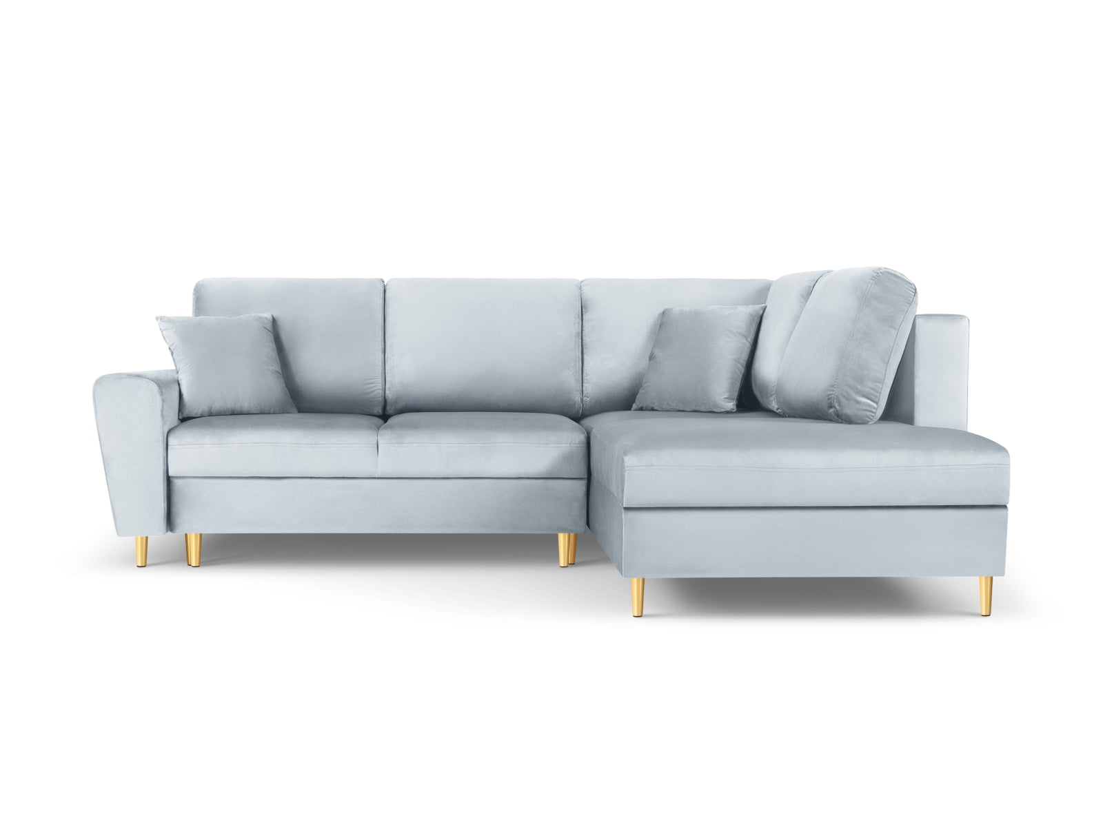 Elegantes Kyoto Velour Ecksofa in Hellblau mit Schlaffunktion und Stauraum, ideal für stilvolle Wohnräume. 5-Sitzer, 194 cm.