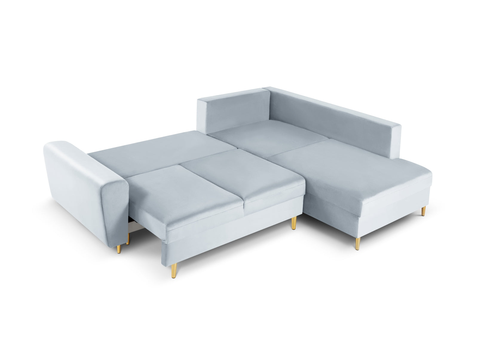 Stylisches Kyoto Velour Ecksofa in sanftem Hellblau, 5-Sitzer mit praktischer Schlaffunktion und Stauraum, perfekt für moderne Wohnzimmer.