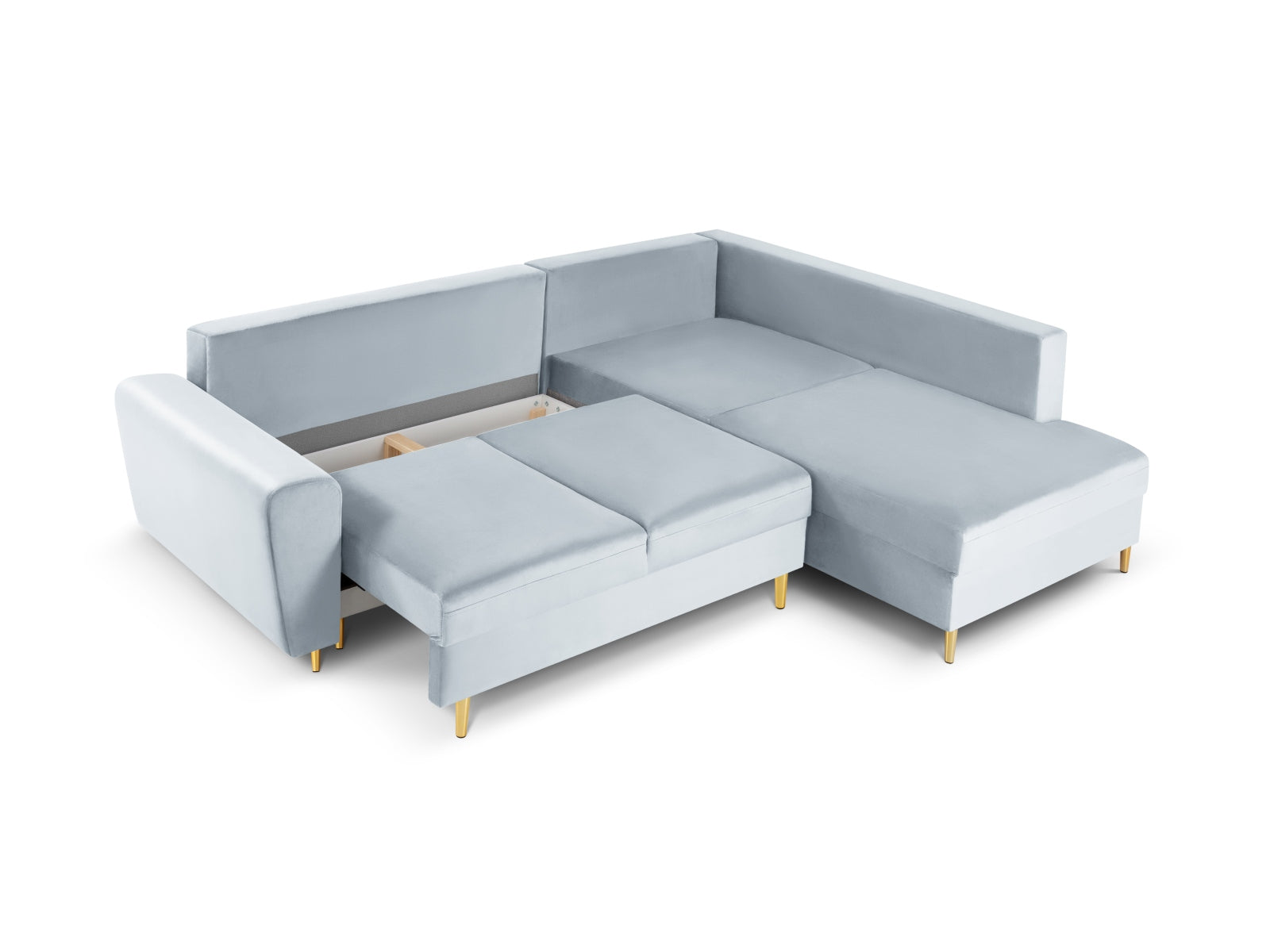 Elegantes Kyoto Velour Ecksofa in zartem Hellblau, 5-Sitzer mit Schlaffunktion und Stauraum, ideal für stilvolle Wohnräume.