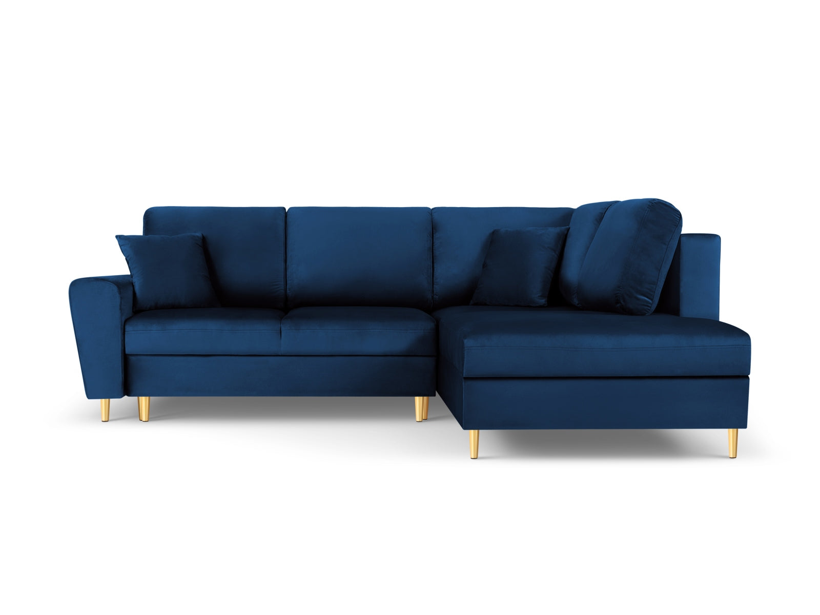 Elegantes Kyoto Velour Ecksofa in Royal Blue mit Schlaffunktion und Stauraum, ideal für stilvolle Wohnräume.