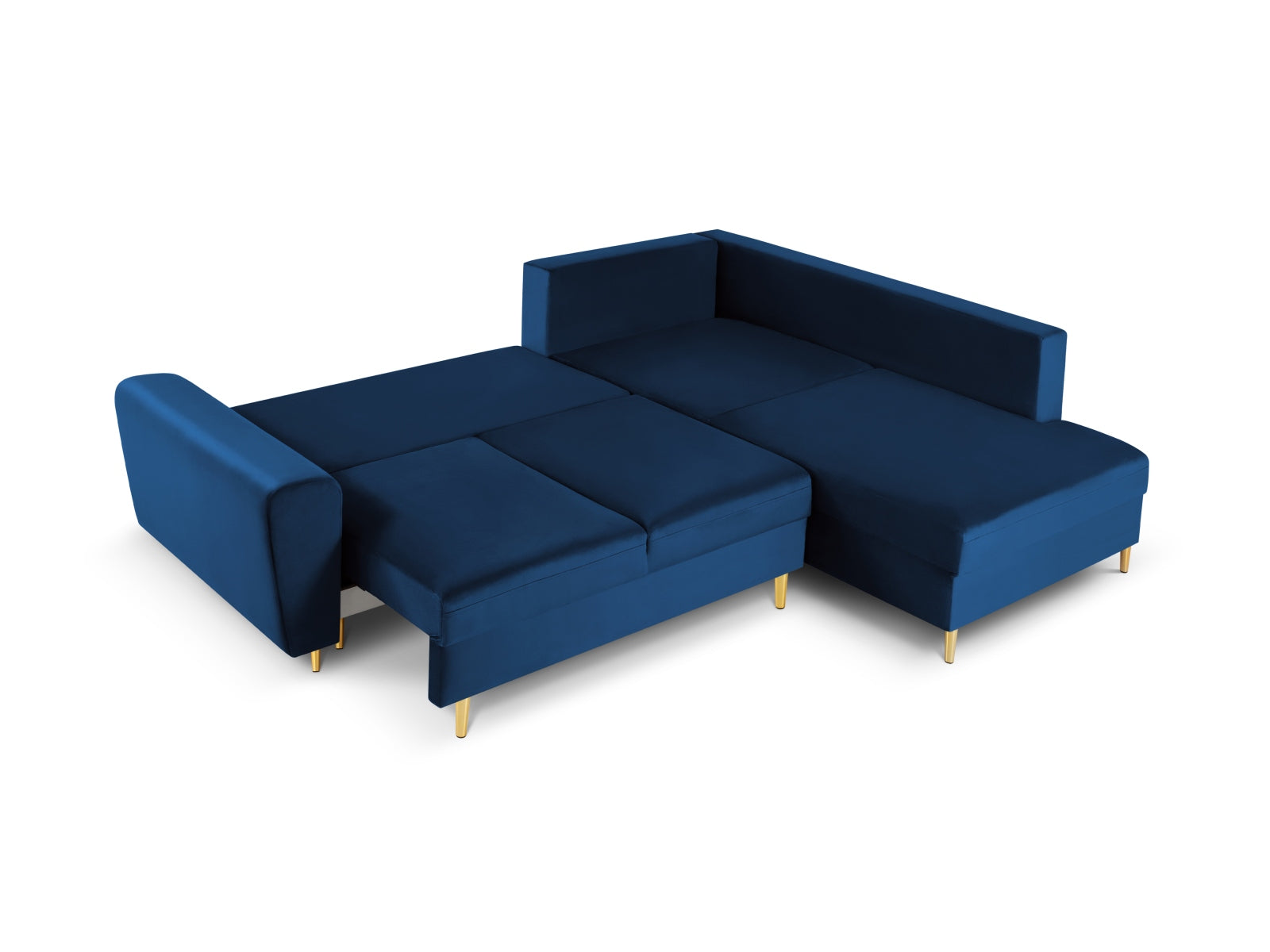 Stylisches Kyoto Velour Ecksofa in Royal Blue, 5-Sitzer mit praktischer Schlaffunktion und Stauraum, perfekt für moderne Wohnzimmer.