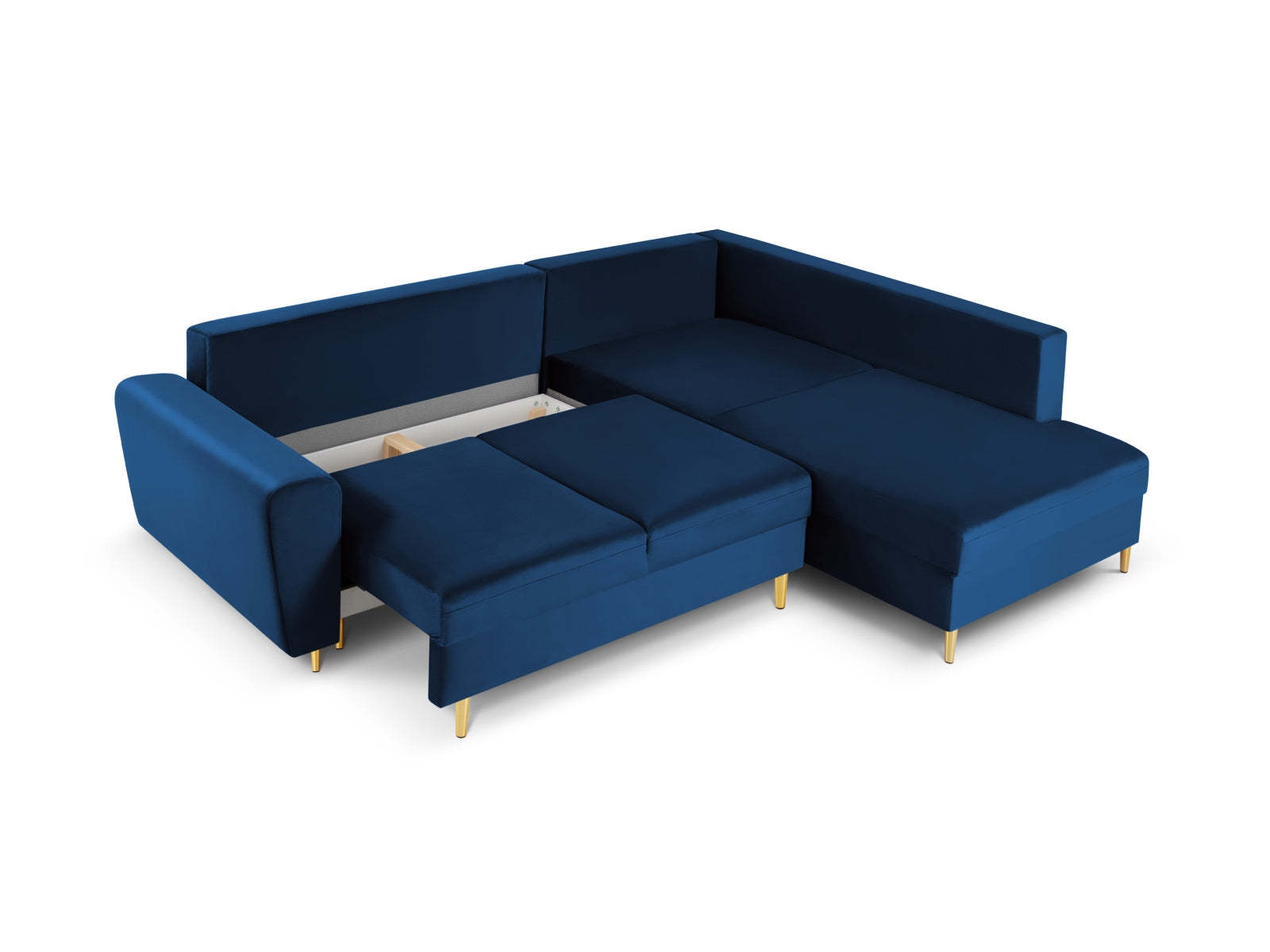 Elegantes Kyoto Velour Ecksofa in Royal Blue, 5-Sitzer mit Schlaffunktion und Stauraum, ideal für stilvolle Wohnräume.