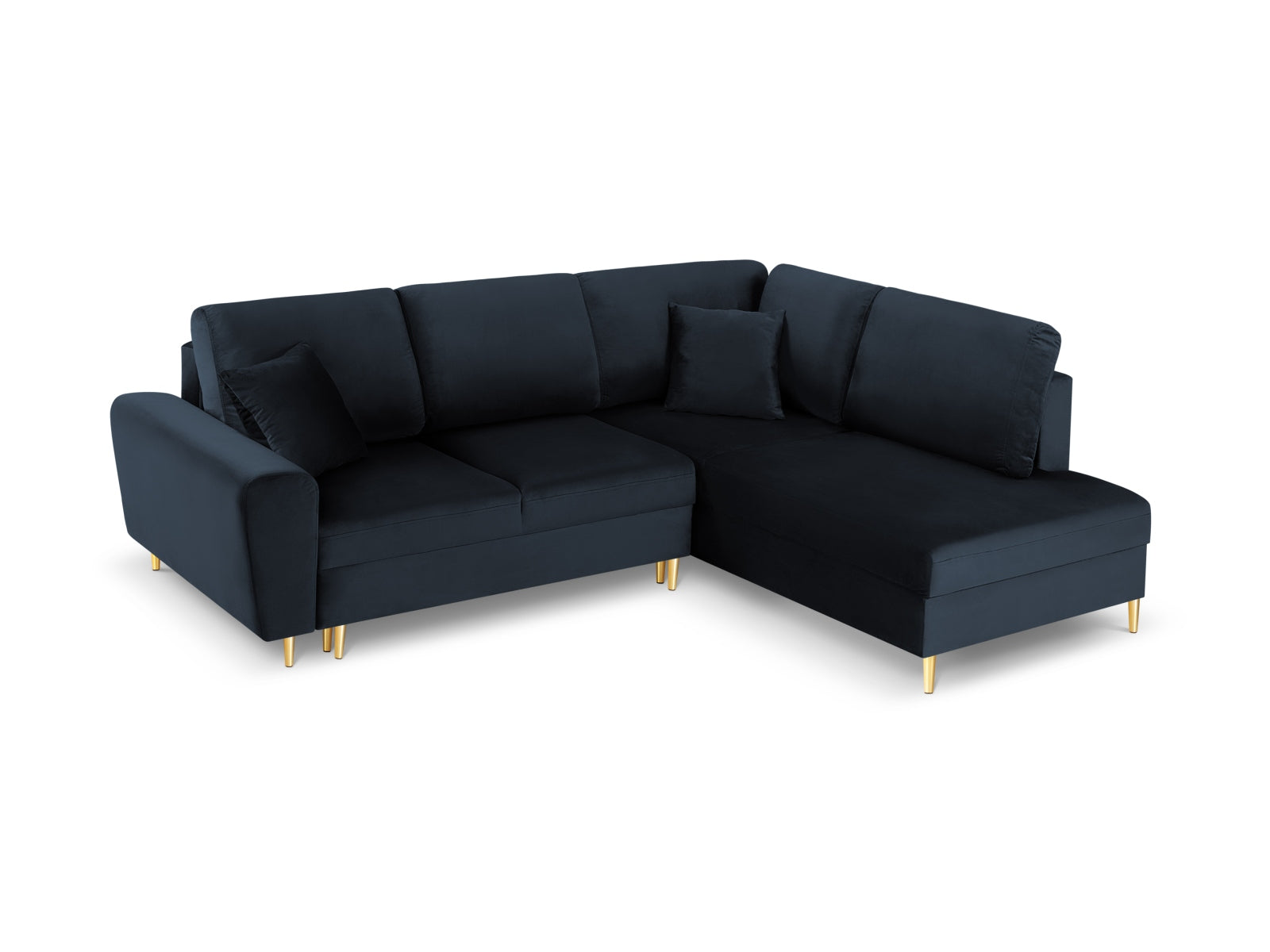 Kyoto Velour Ecksofa rechts mit Schlaffunktion und Stauraumbox 5 Sitzer 194cm in Dark Blue/Gold-Riviera präsentiert im Onlineshop von KAQTU Design AG. Bettsofa rechts ist von Cosmopolitan Design