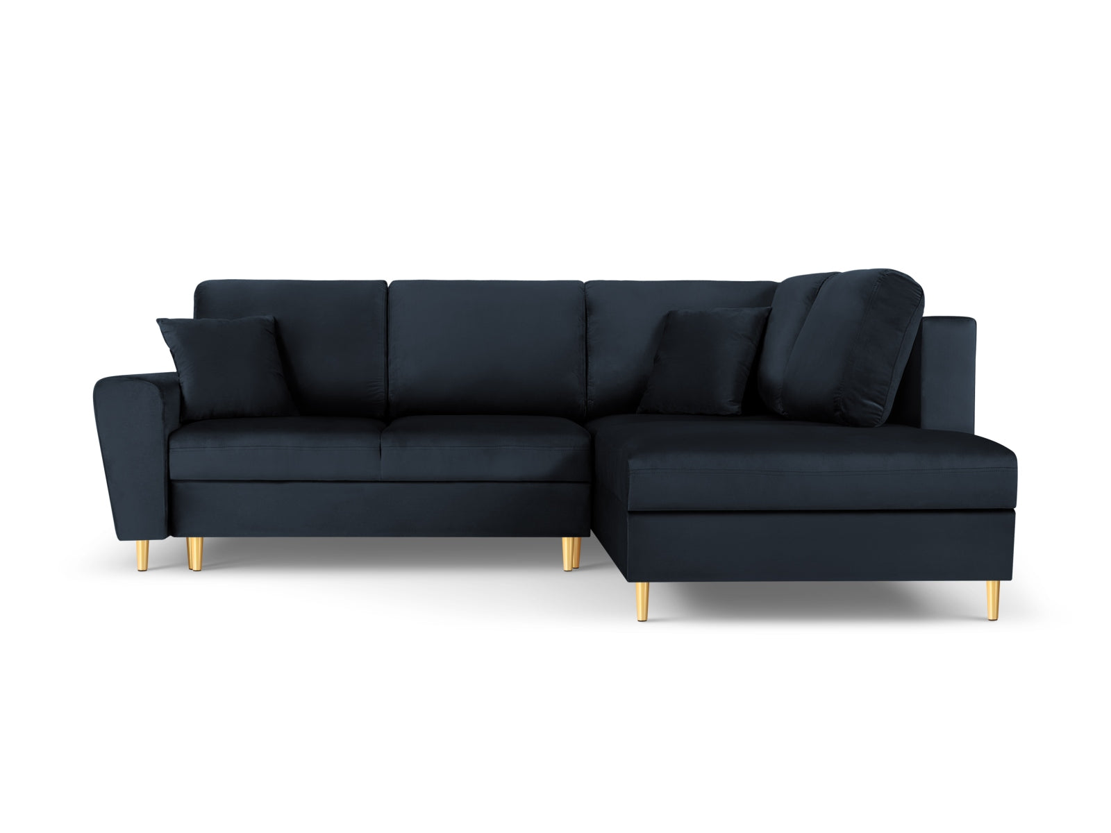 Elegantes Kyoto Velour Ecksofa in Dunkelblau mit Schlaffunktion und Stauraum, ideal für stilvolle Wohnräume.