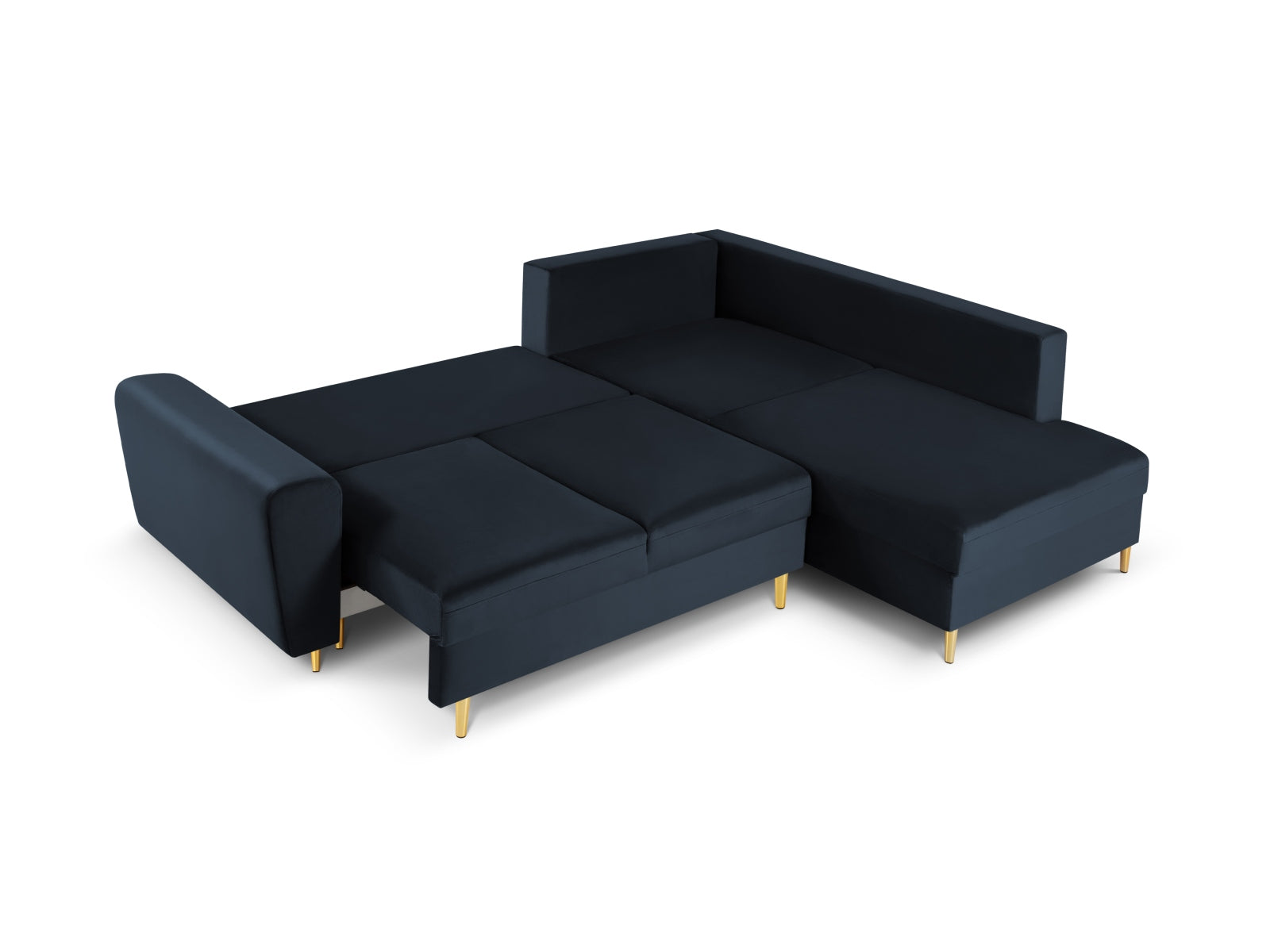 Modernes Kyoto Velour Ecksofa in Dunkelblau, 5-Sitzer mit praktischer Schlaffunktion und Stauraum, perfekt für gemütliche Abende.