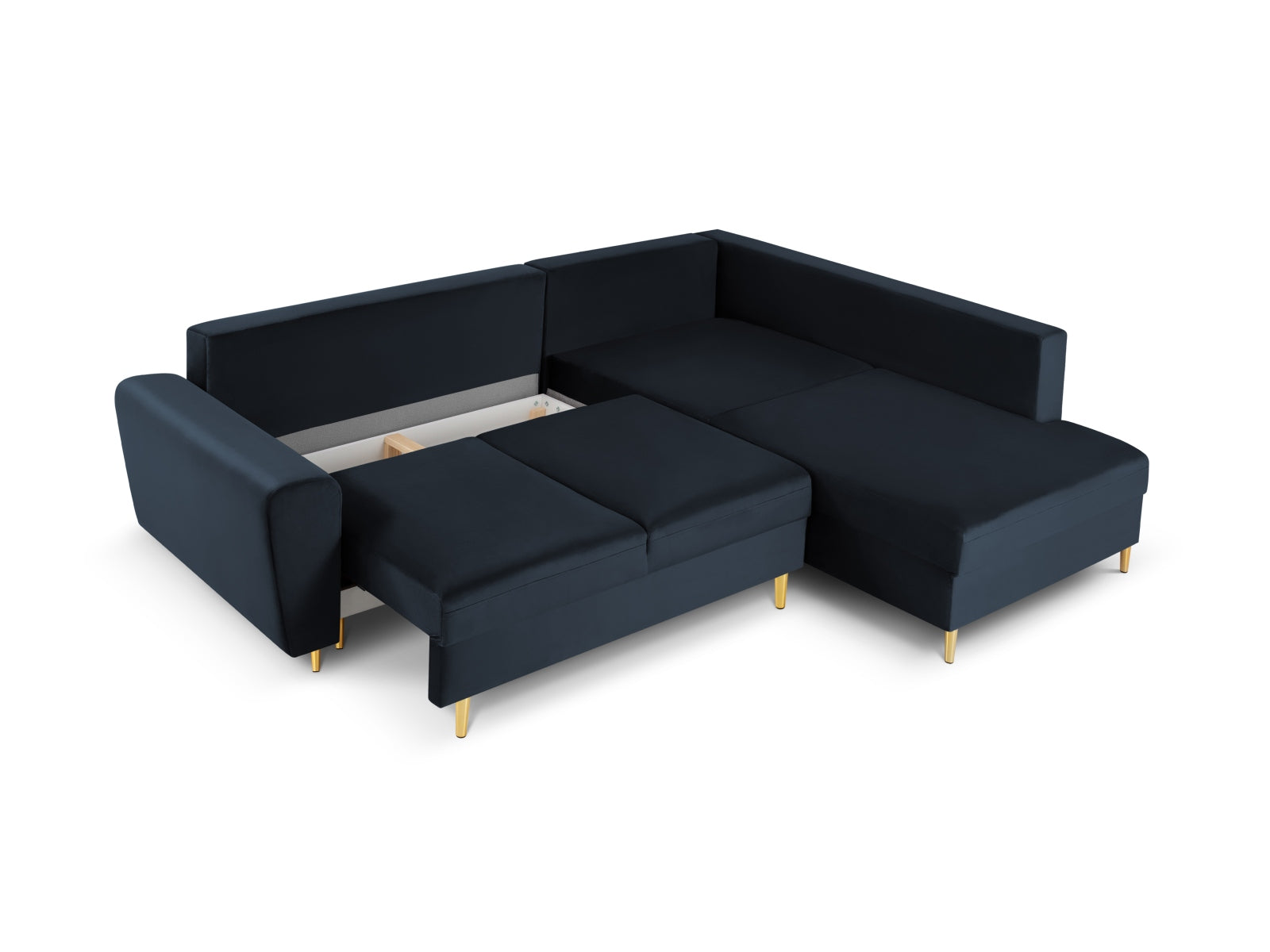 Elegantes Ecksofa in Dunkelblau aus Velours, 5-Sitzer mit Schlaffunktion und Stauraum, ideal für stilvolle Wohnräume.