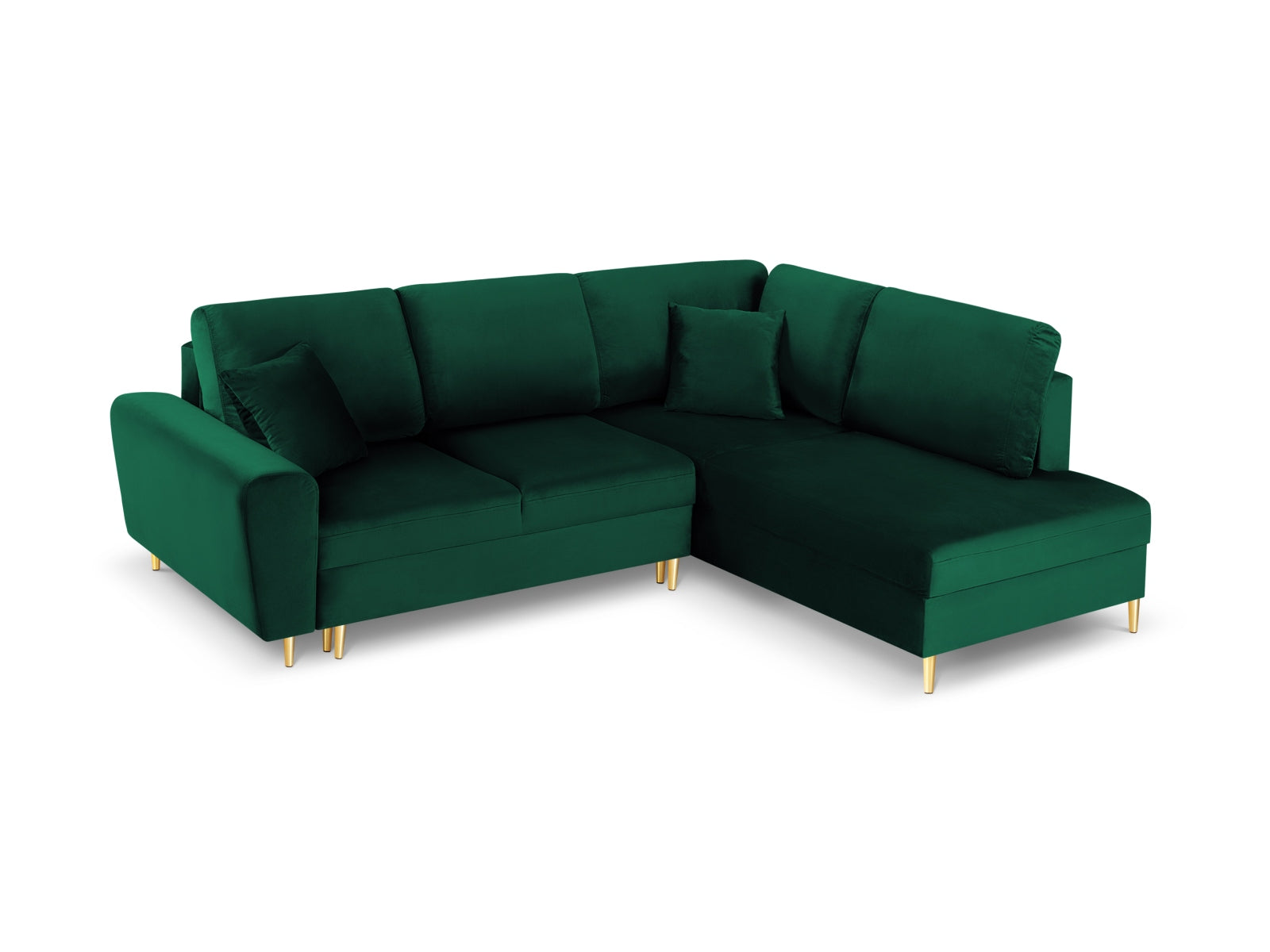 Kyoto Velour Ecksofa rechts mit Schlaffunktion und Stauraumbox 5 Sitzer 194cm in Bottle Green/Gold-Riviera präsentiert im Onlineshop von KAQTU Design AG. Bettsofa rechts ist von Cosmopolitan Design