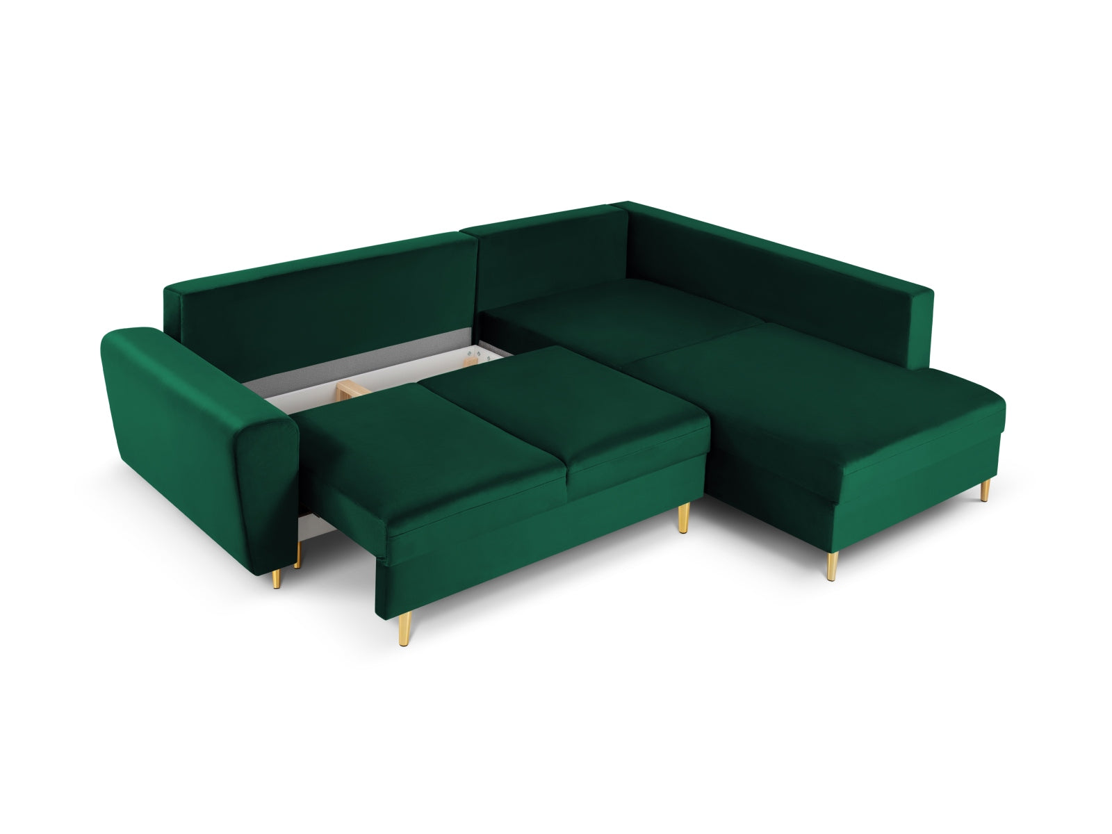 Elegantes Kyoto Velour Ecksofa in tiefem Grün, 5-Sitzer mit Schlafoption und Stauraum, ideal für stilvolle Wohnräume.