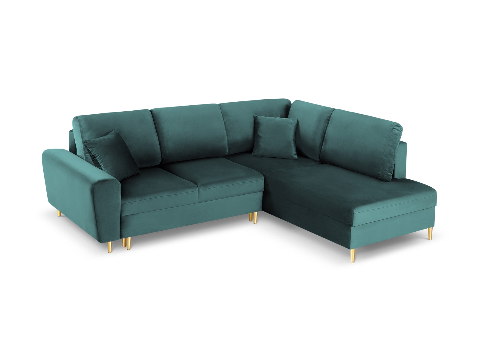 Kyoto Velour Ecksofa rechts mit Schlaffunktion und Stauraumbox 5 Sitzer 194cm in Petrol/Gold-Riviera präsentiert im Onlineshop von KAQTU Design AG. Bettsofa rechts ist von Cosmopolitan Design