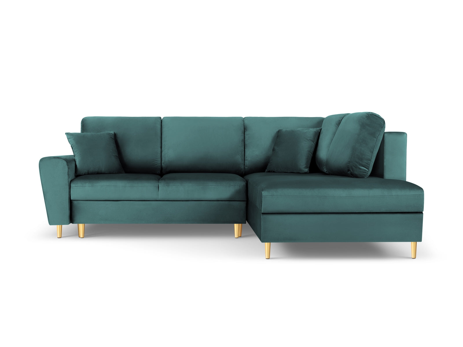 Elegantes Kyoto Velour Ecksofa in Petrol mit Schlaffunktion und Stauraum, ideal für stilvolle Wohnräume. 5-Sitzer, 194 cm.