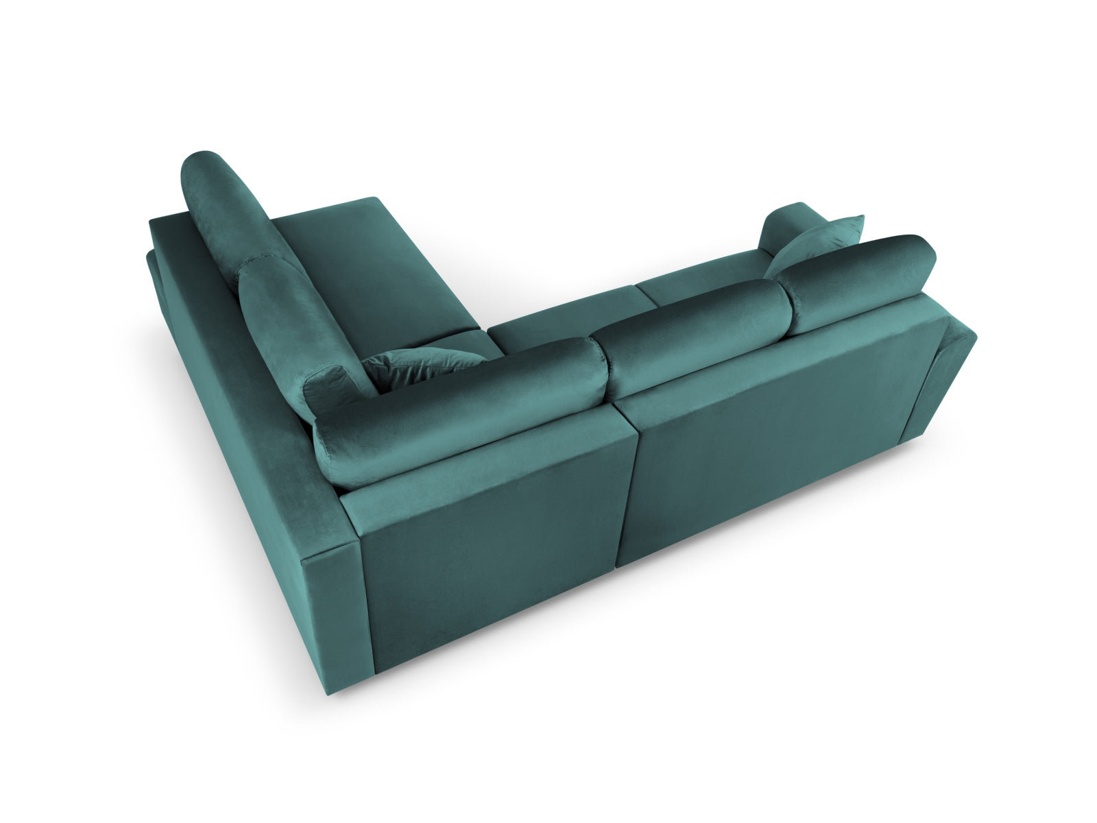 Stylisches Kyoto Velour Ecksofa in Petrol, rechtsseitig, mit praktischer Schlaffunktion und Stauraum. Perfekt für moderne Wohnzimmer.