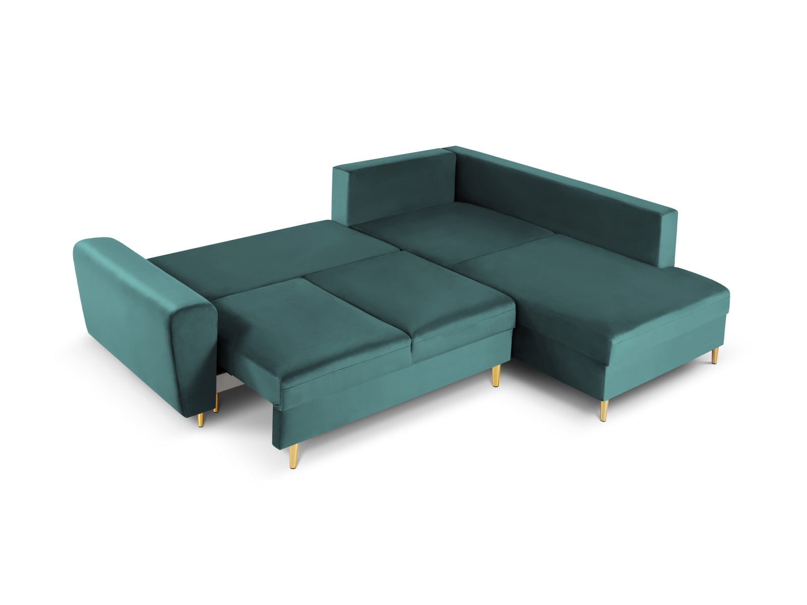 Elegantes Kyoto Velour Ecksofa in Petrol, rechts, bietet Schlafgelegenheit und Stauraum. Ideal für stilvolle Wohnräume.