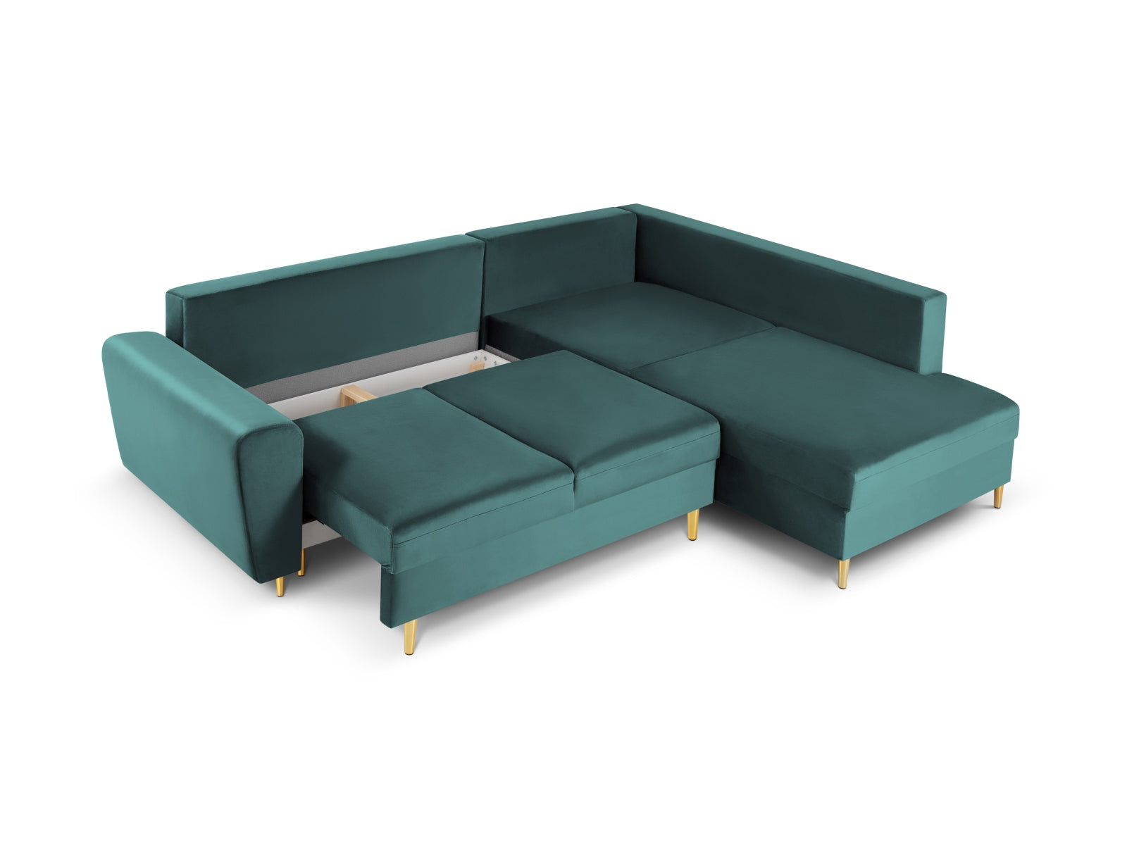 Stylisches Kyoto Velour Ecksofa in Petrol, rechts, mit praktischer Schlaffunktion und Stauraum. Perfekt für moderne Wohnzimmer.