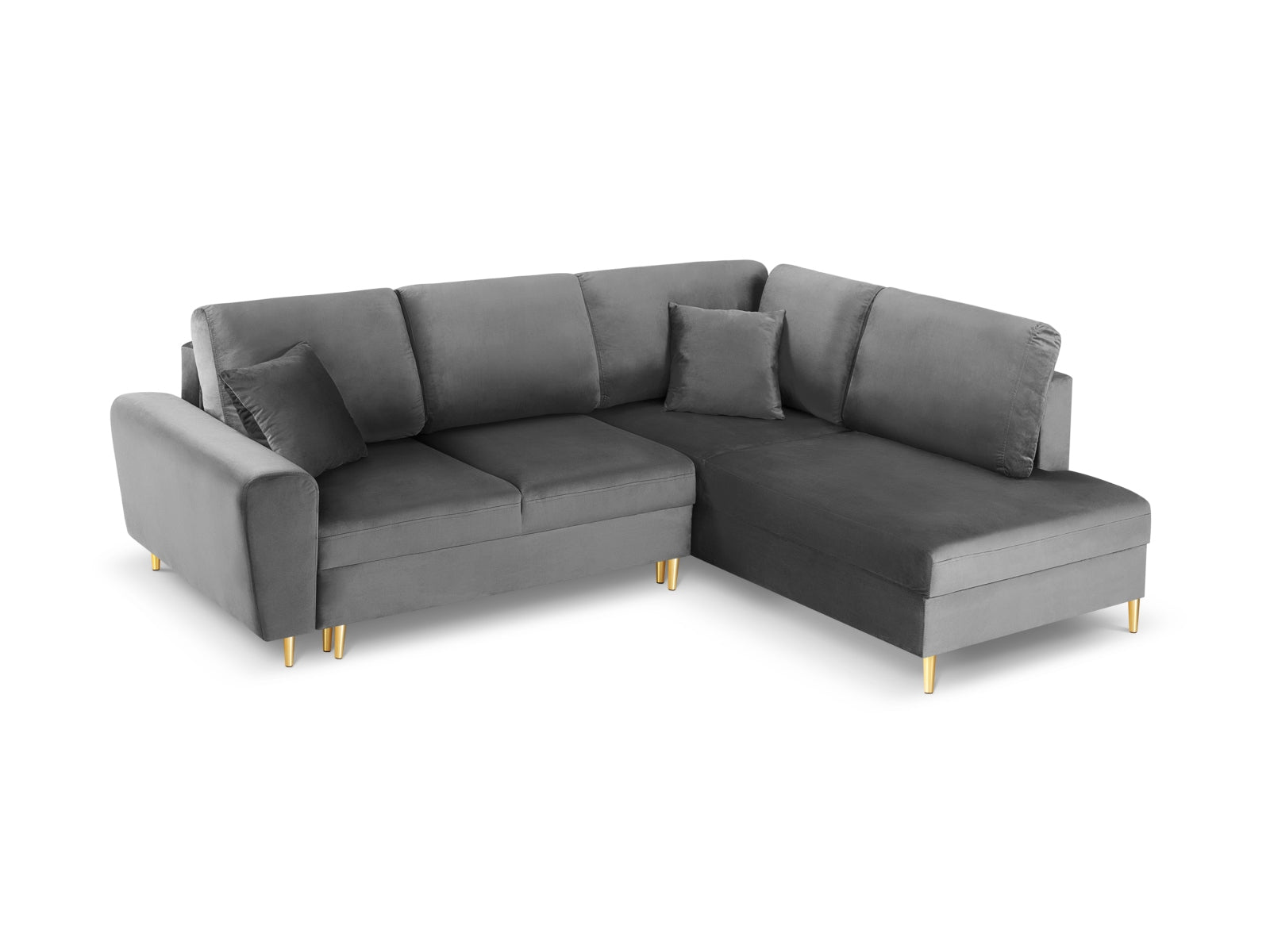 Kyoto Velour Ecksofa rechts mit Schlaffunktion und Stauraumbox 5 Sitzer 194cm in Light Grey/Gold-Riviera präsentiert im Onlineshop von KAQTU Design AG. Bettsofa rechts ist von Cosmopolitan Design