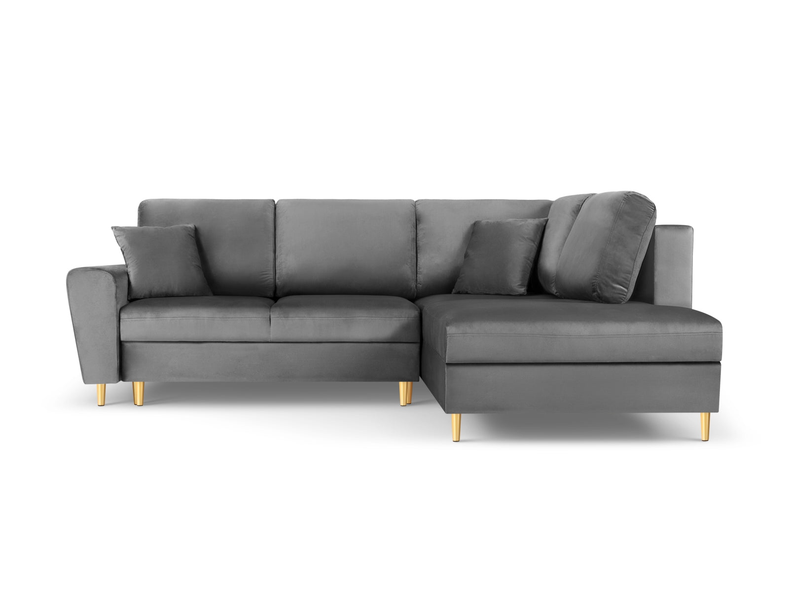 Stylisches Kyoto Velour Ecksofa in Hellgrau mit goldenen Akzenten, 5-Sitzer mit Schlaffunktion und Stauraum, ideal für moderne Wohnräume.