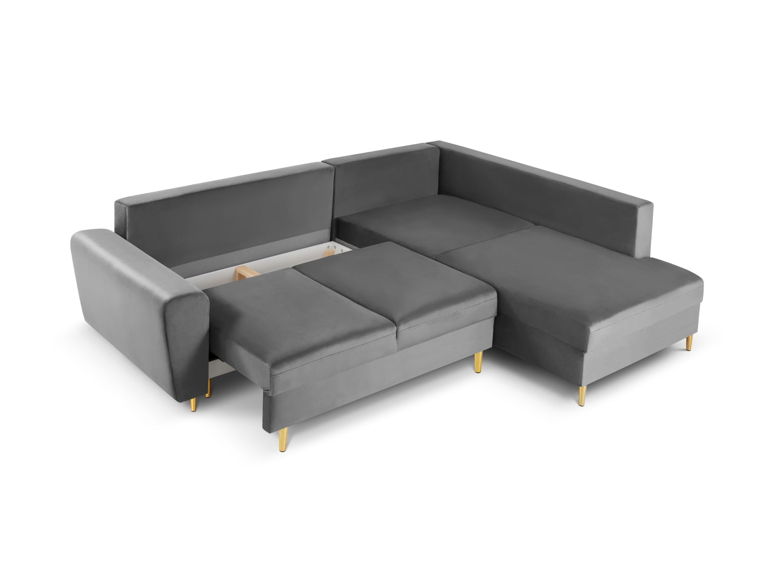 Elegantes Kyoto Velour Ecksofa in Hellgrau, 5-Sitzer mit praktischer Schlaffunktion und Stauraum, perfekt für stilvolle Wohnzimmer.