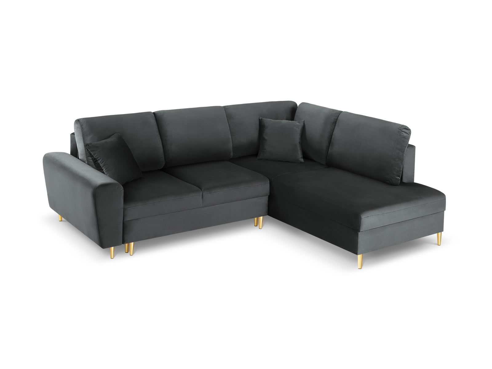 Kyoto Velour Ecksofa rechts mit Schlaffunktion und Stauraumbox 5 Sitzer 194cm in Dark Grey/Gold-Riviera präsentiert im Onlineshop von KAQTU Design AG. Bettsofa rechts ist von Cosmopolitan Design