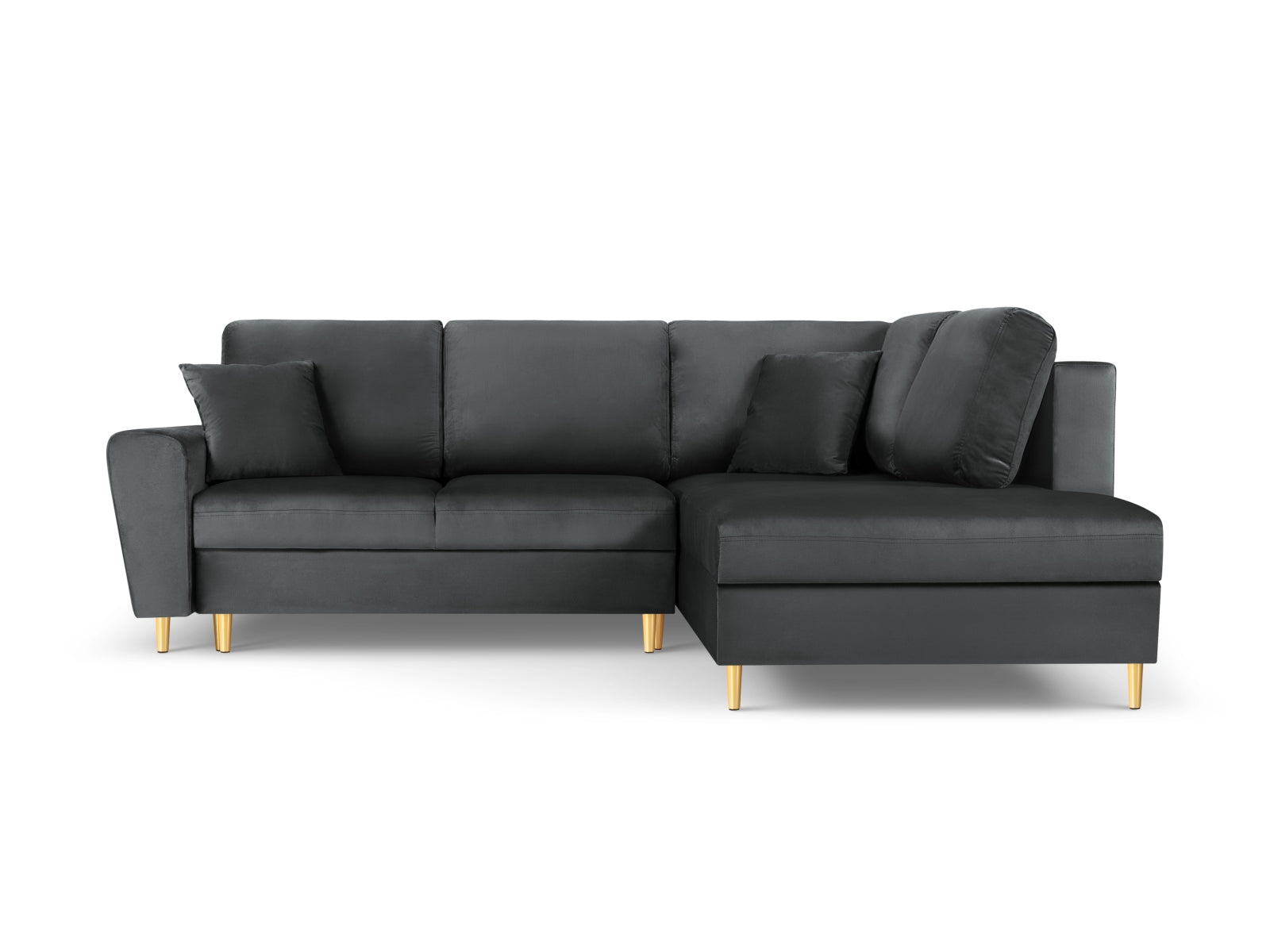 Stylisches Kyoto Velour Ecksofa in Dunkelgrau mit goldenen Akzenten, 5-Sitzer mit Schlaffunktion und Stauraum, ideal für moderne Wohnräume.
