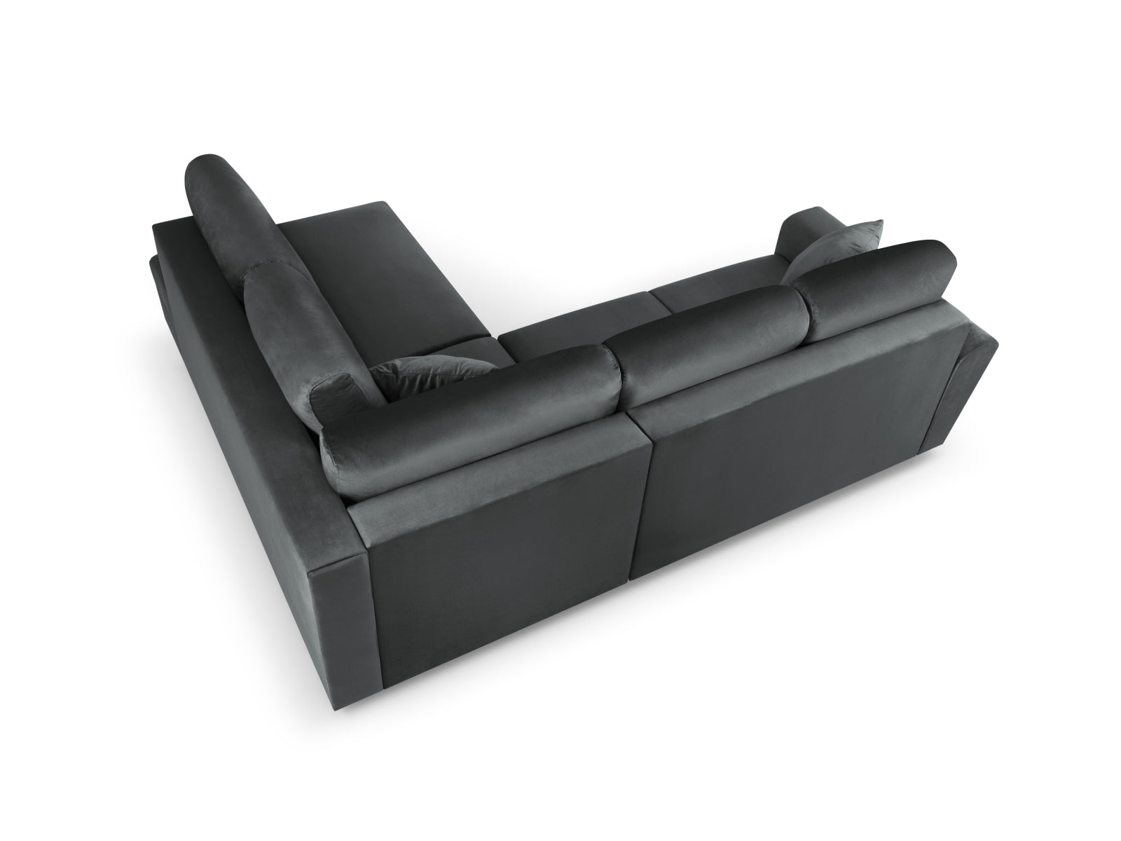 Elegantes Kyoto Velour Ecksofa in Dunkelgrau, 5-Sitzer mit praktischer Schlaffunktion und Stauraum, perfekt für stilvolle Wohnzimmer.
