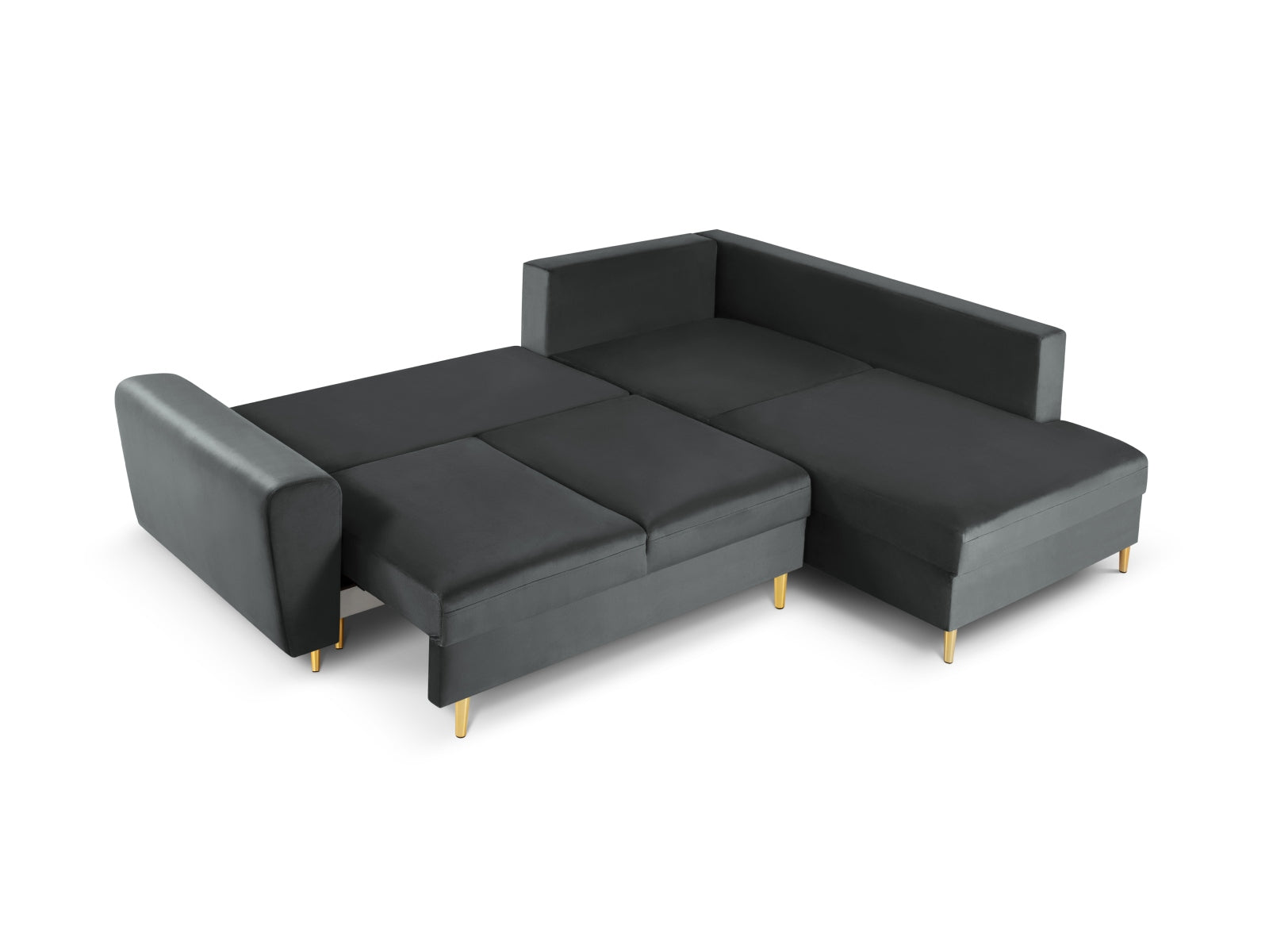 Stylisches Kyoto Velour Ecksofa in Dunkelgrau, 5-Sitzer mit Schlaffunktion und Stauraum, ideal für moderne Wohnräume.