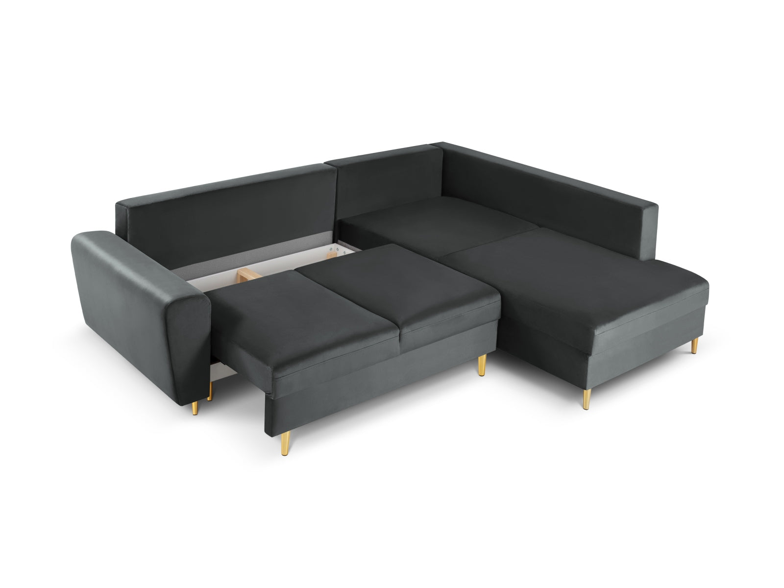Elegantes Ecksofa Kyoto in Velours, rechtsseitig, 5-Sitzer mit praktischer Schlaffunktion und Stauraum, perfekt für stilvolle Wohnzimmer.