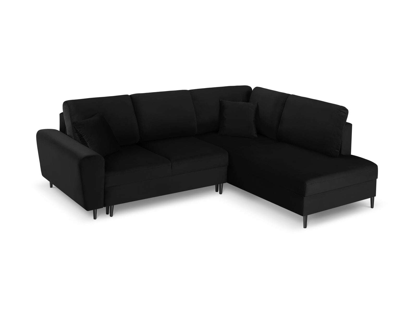 Kyoto Velour Ecksofa rechts mit Schlaffunktion und Stauraumbox 5 Sitzer 194cm in Black/Schwarz Metall-Riviera präsentiert im Onlineshop von KAQTU Design AG. Bettsofa rechts ist von Cosmopolitan Design
