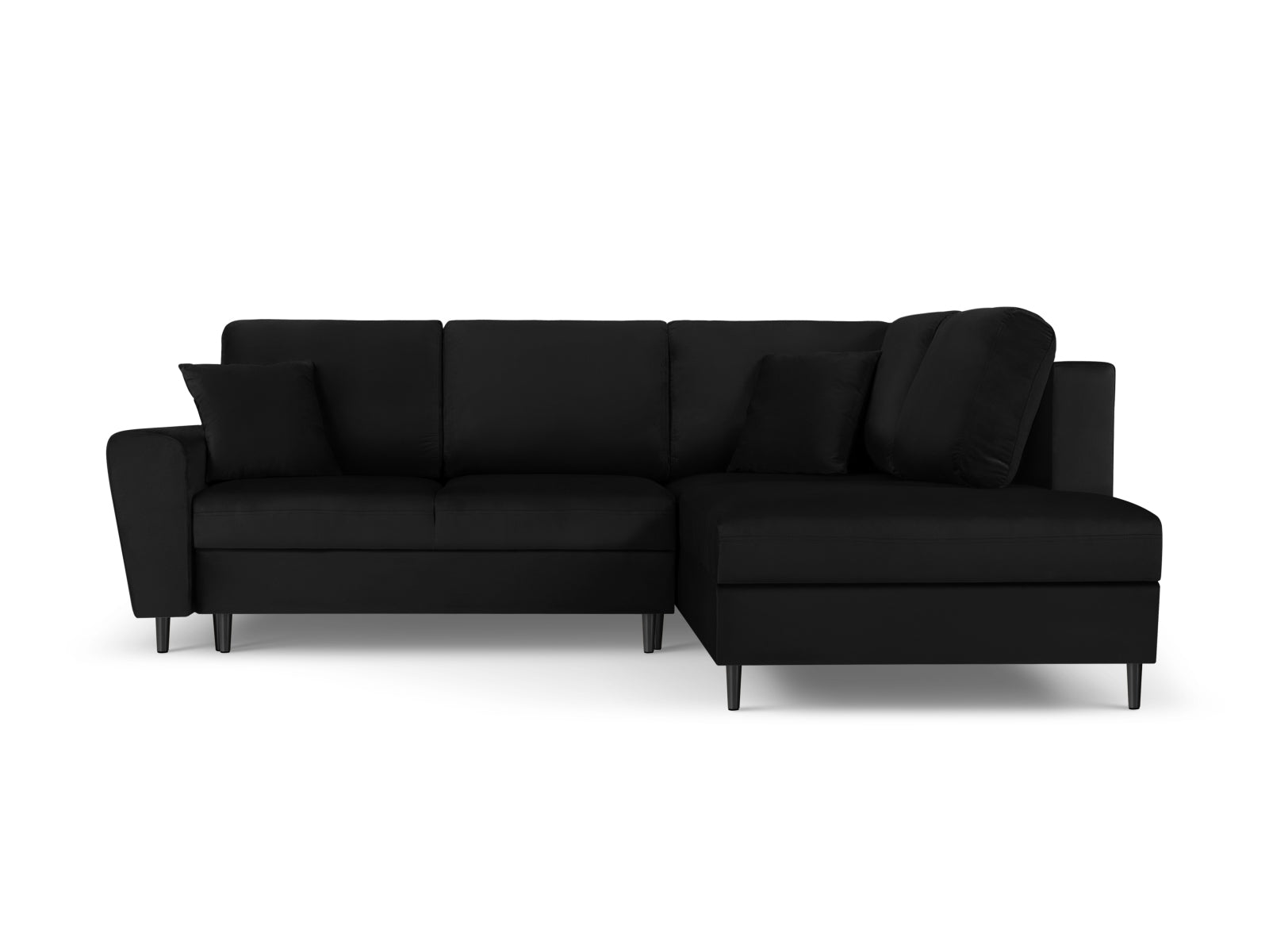 Elegantes Kyoto Velour Ecksofa in Schwarz, 5-Sitzer mit Schlaffunktion und Stauraum, ideal für stilvolle Wohnräume.