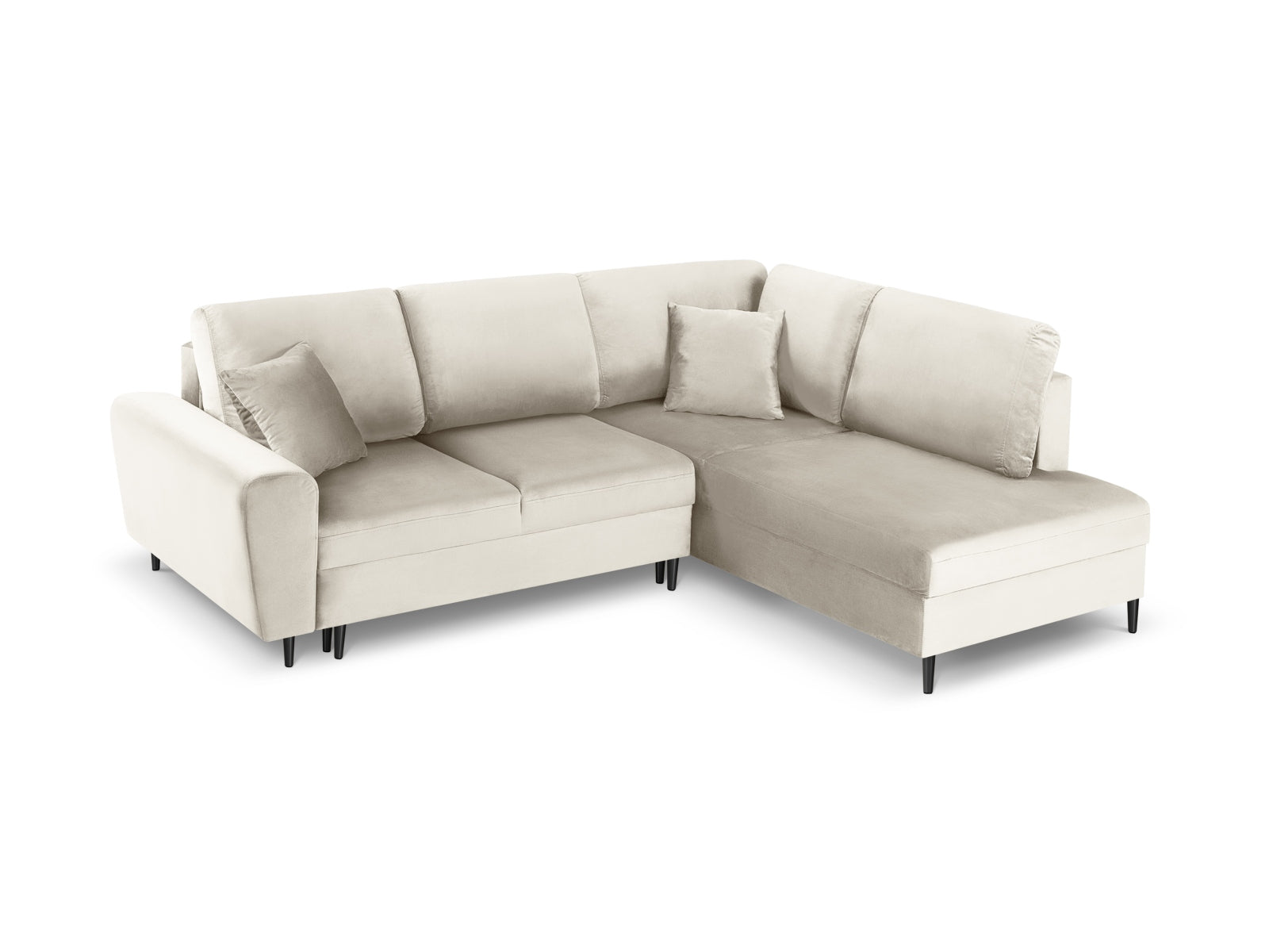 Kyoto Velour Ecksofa rechts mit Schlaffunktion und Stauraumbox 5 Sitzer 194cm in Light Beige/Schwarz Metall-Riviera präsentiert im Onlineshop von KAQTU Design AG. Bettsofa rechts ist von Cosmopolitan Design