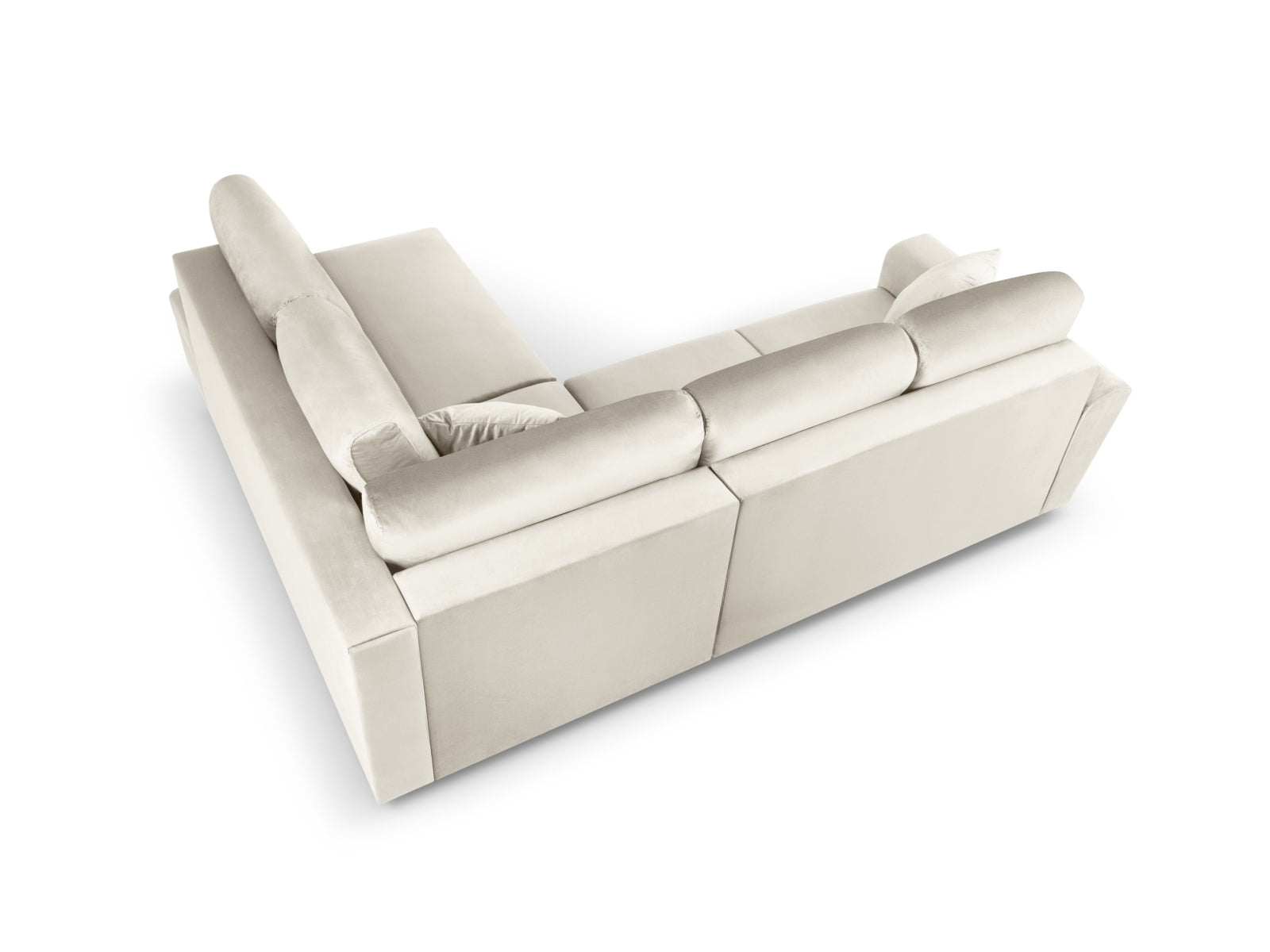 Stylisches Kyoto Velour Ecksofa in hellem Beige, 5-Sitzer mit Schlaffunktion und praktischer Stauraumbox, perfekt für moderne Wohnzimmer.