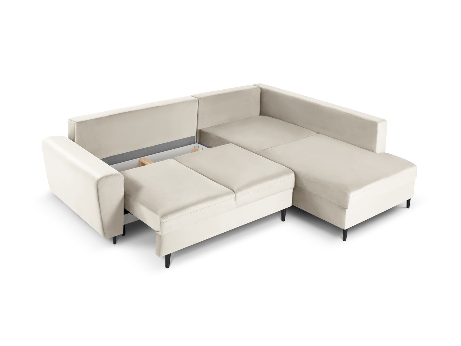 Beige Kyoto Velour Ecksofa mit Schlaffunktion, 5-Sitzer, rechte Ausführung, bietet zusätzlichen Stauraum für eine praktische Wohnlösung.