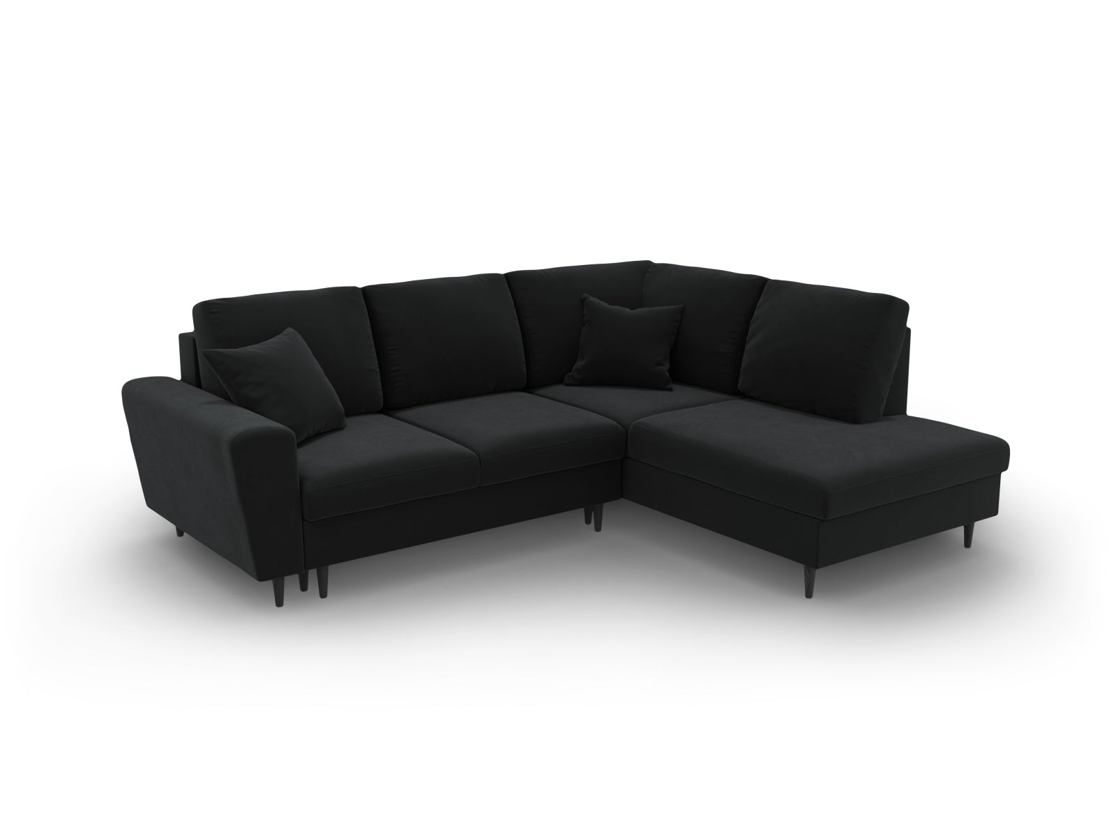 Modernes Kyoto Velour Ecksofa in Schwarz, 5-Sitzer mit praktischer Schlaffunktion und Stauraum, perfekt für gemütliche Abende.