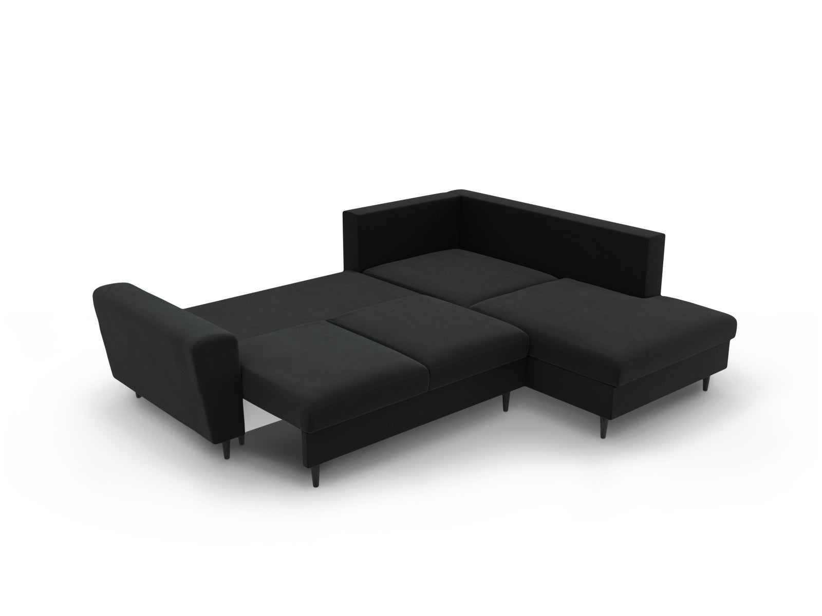 Modernes Kyoto Velour Ecksofa in Schwarz, 5-Sitzer mit praktischer Schlaffunktion und Stauraum, perfekt für gemütliche Abende und Gäste.