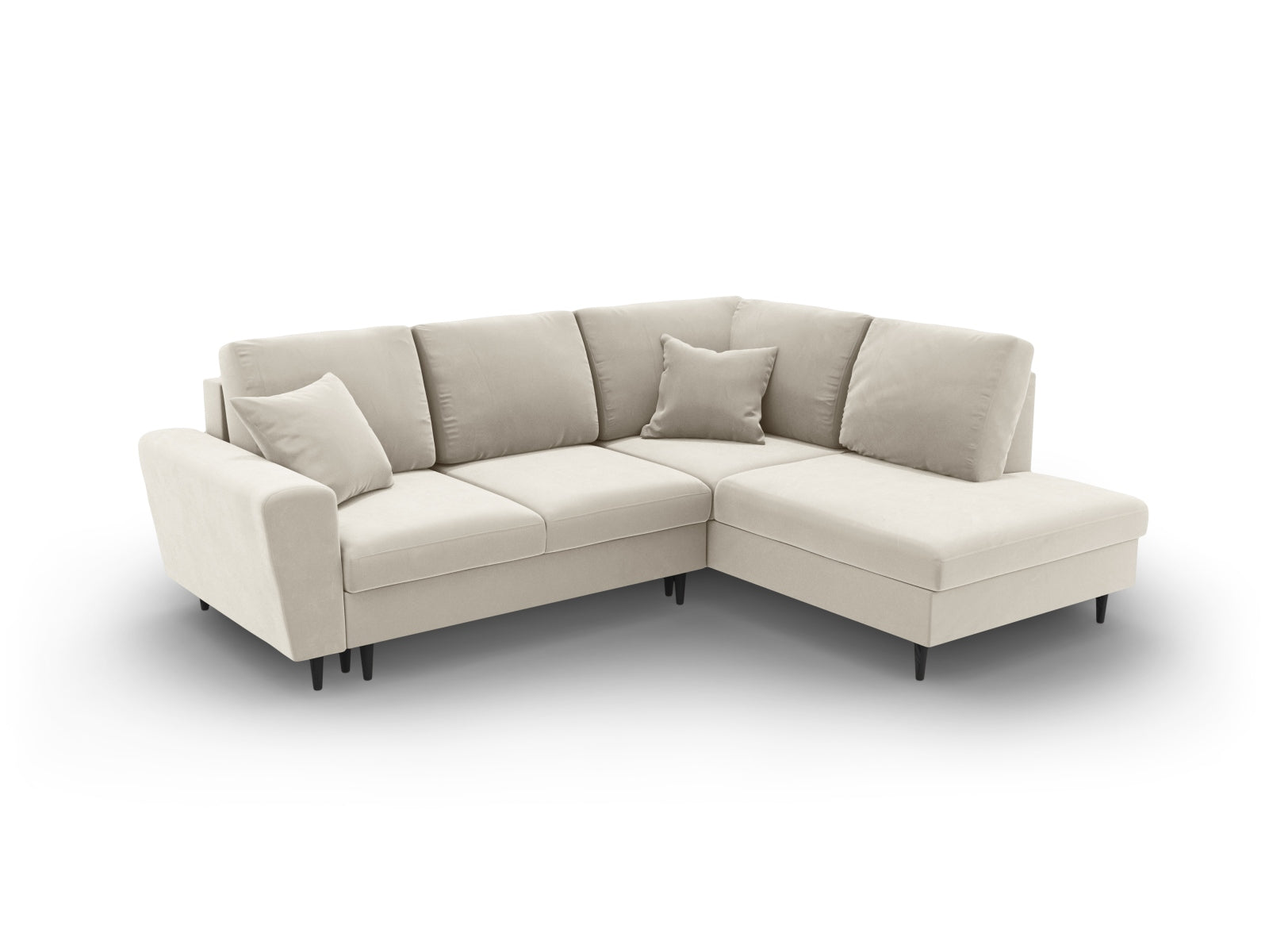 Stylisches Kyoto Velour Ecksofa in hellem Beige, 5-Sitzer mit praktischer Schlaffunktion und Stauraum, perfekt für moderne Wohnzimmer.