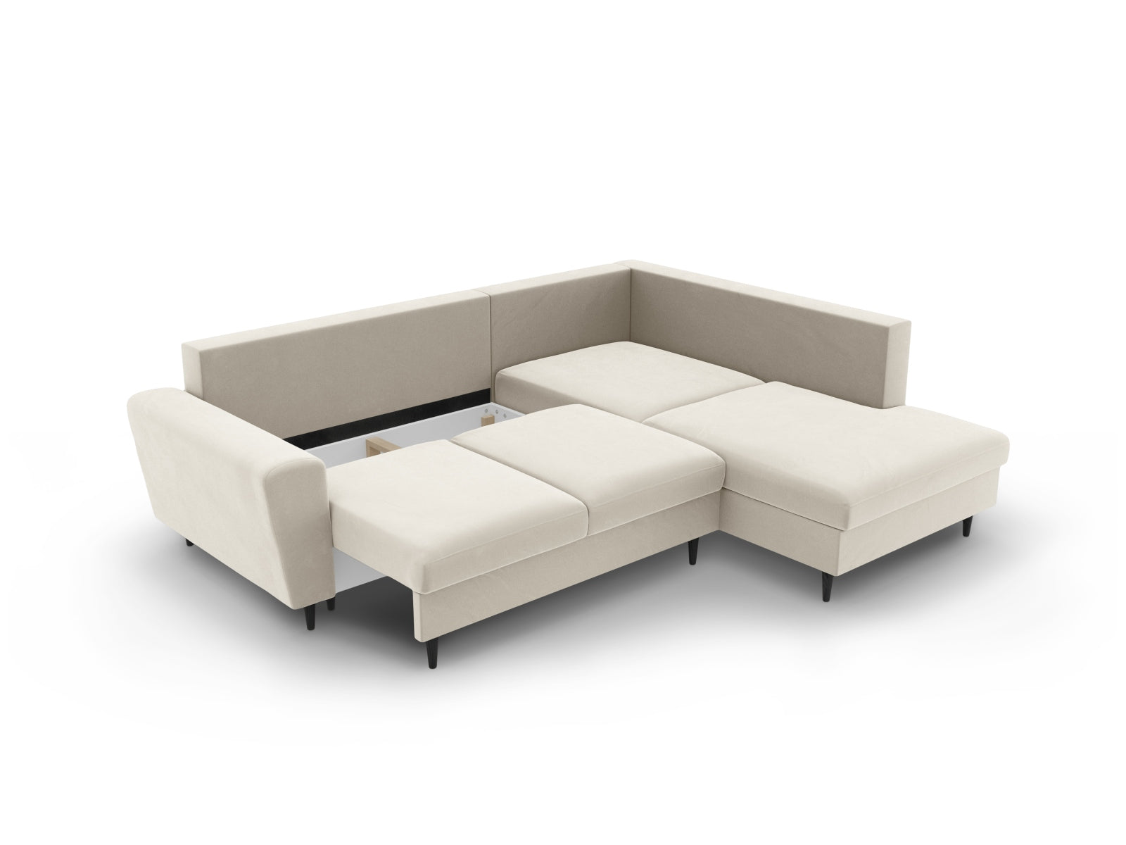 Elegantes Kyoto Velour Ecksofa in sanftem Beige, 5-Sitzer mit komfortabler Schlaffunktion und integriertem Stauraum, ideal für stilvolle Wohnräume.