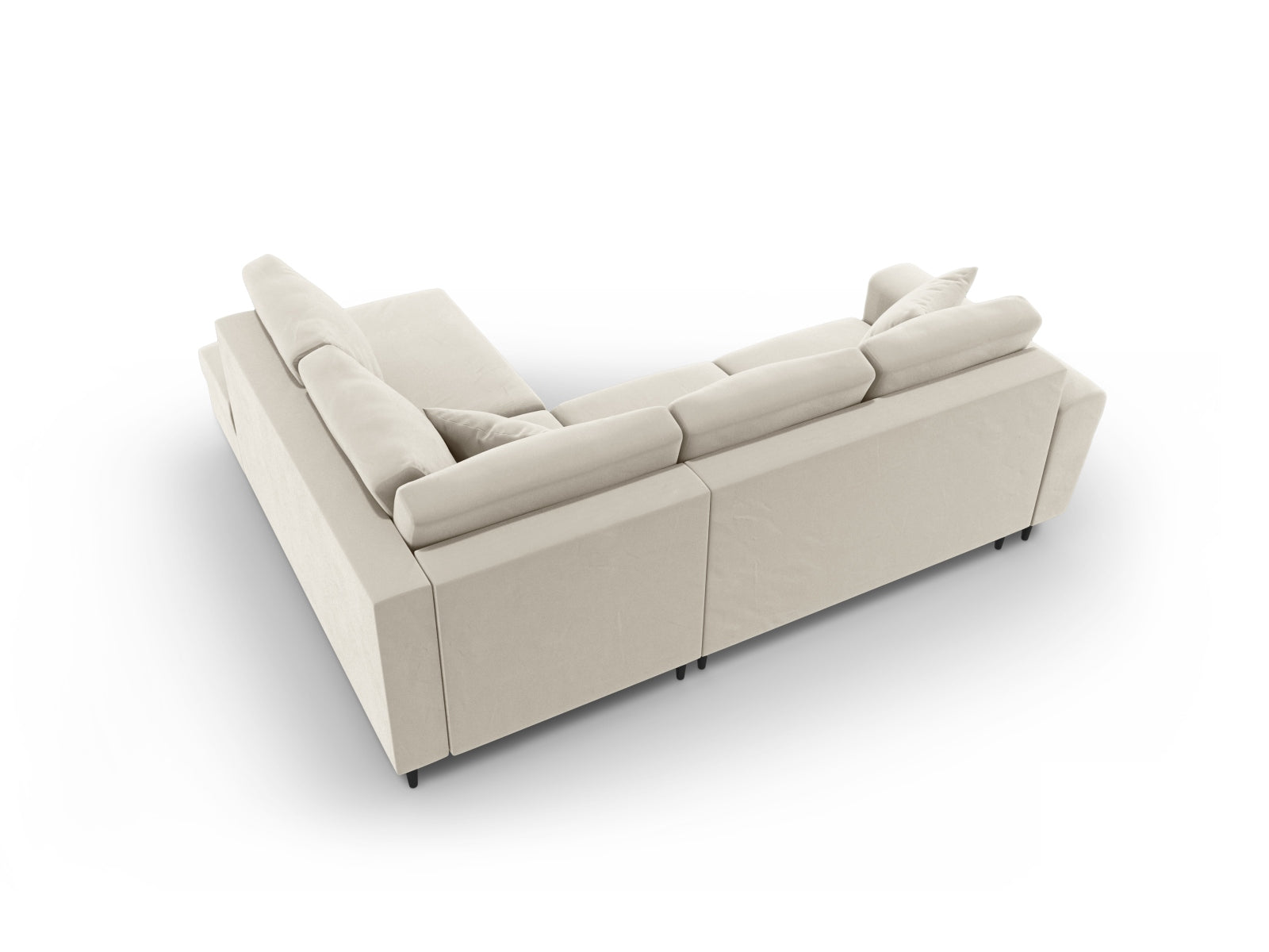 Beige Ecksofa Kyoto aus Velours, 5-Sitzer mit Schlaffunktion, rechts, ideal für stilvolle Wohnräume und praktischen Stauraum.