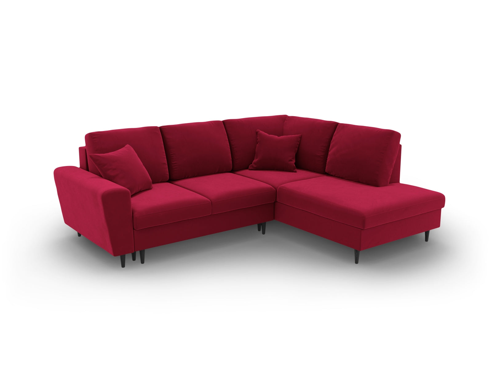 Modernes Kyoto Velour Ecksofa in Rot/Schwarz, 5-Sitzer mit praktischer Schlaffunktion und Stauraum, perfekt für gemütliche Abende.