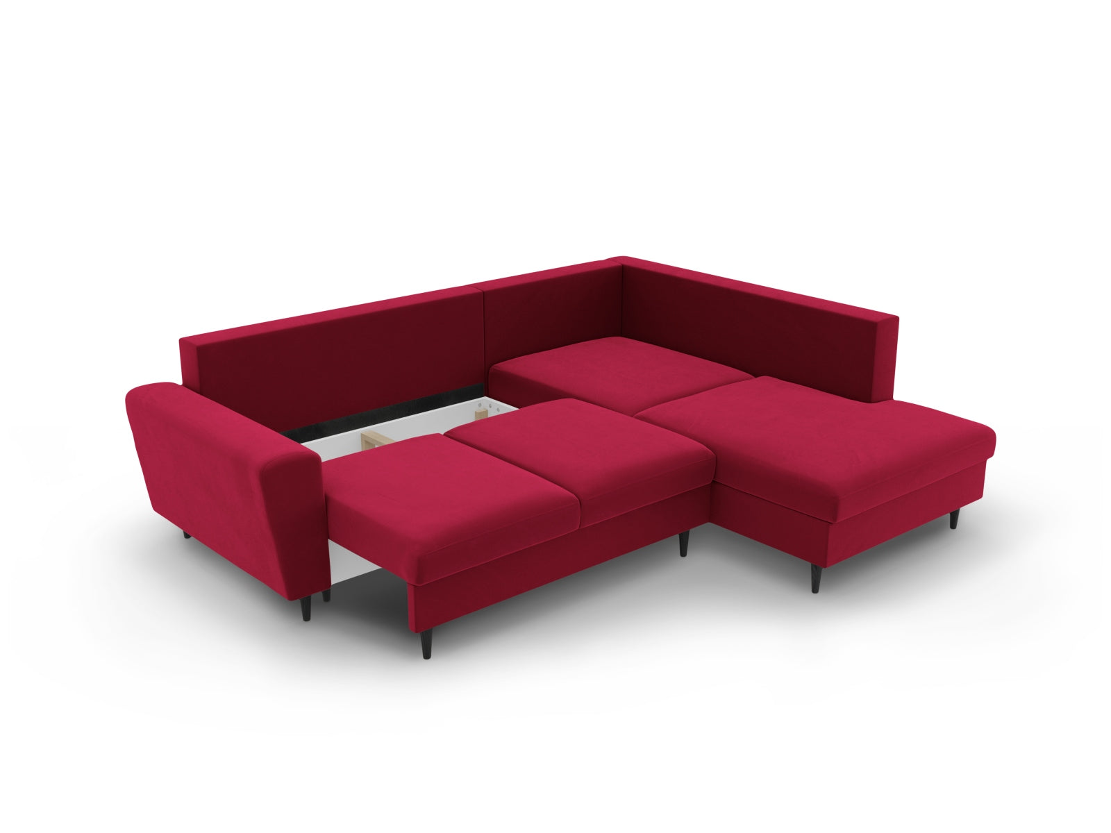 Stylisches Kyoto Velour Ecksofa in Rot und Schwarz, 5-Sitzer mit Schlaffunktion und Stauraum, ideal für entspannte Stunden und Gäste.
