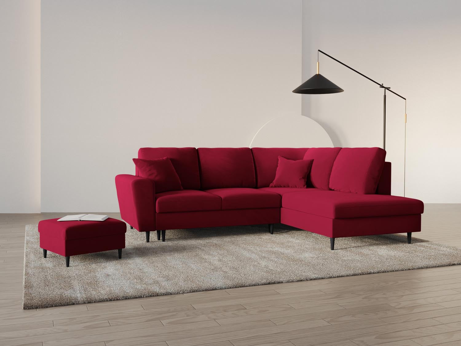 Elegantes Kyoto Velour Ecksofa in Rot/Schwarz mit Schlaffunktion und Stauraum, ideal für stilvolle Wohnräume.